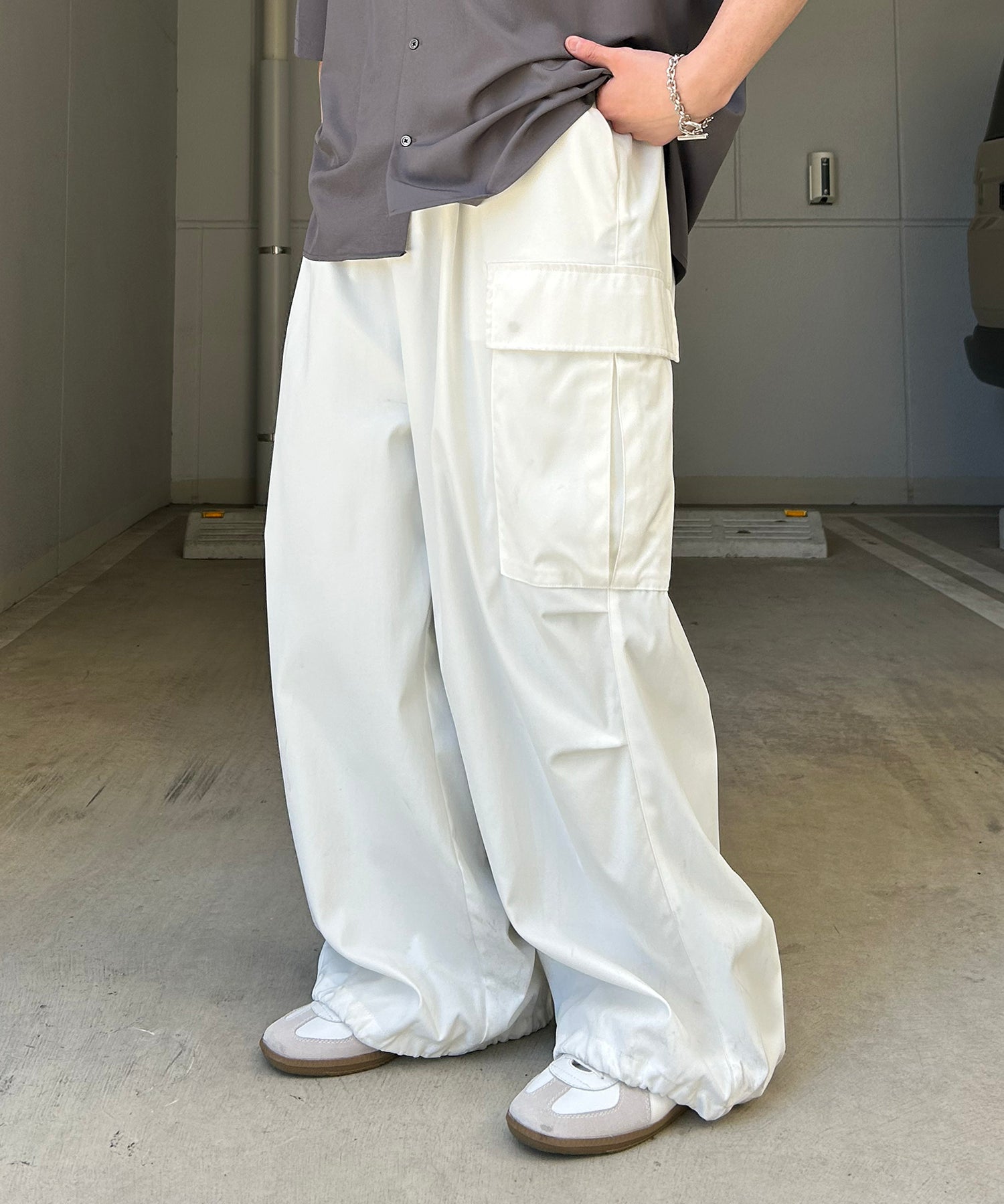 25SS【新色追加】セットアップ対応 ミリタリーワイドカーゴパンツ オーバーサイズ  サイドポケット 裾ドローコード パラシュートパンツ