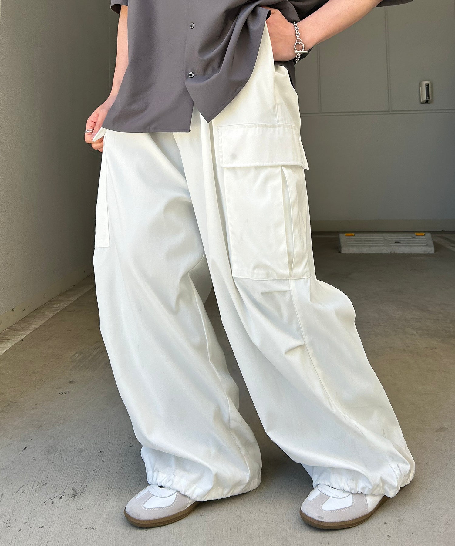 25SS【新色追加】セットアップ対応 ミリタリーワイドカーゴパンツ オーバーサイズ  サイドポケット 裾ドローコード パラシュートパンツ