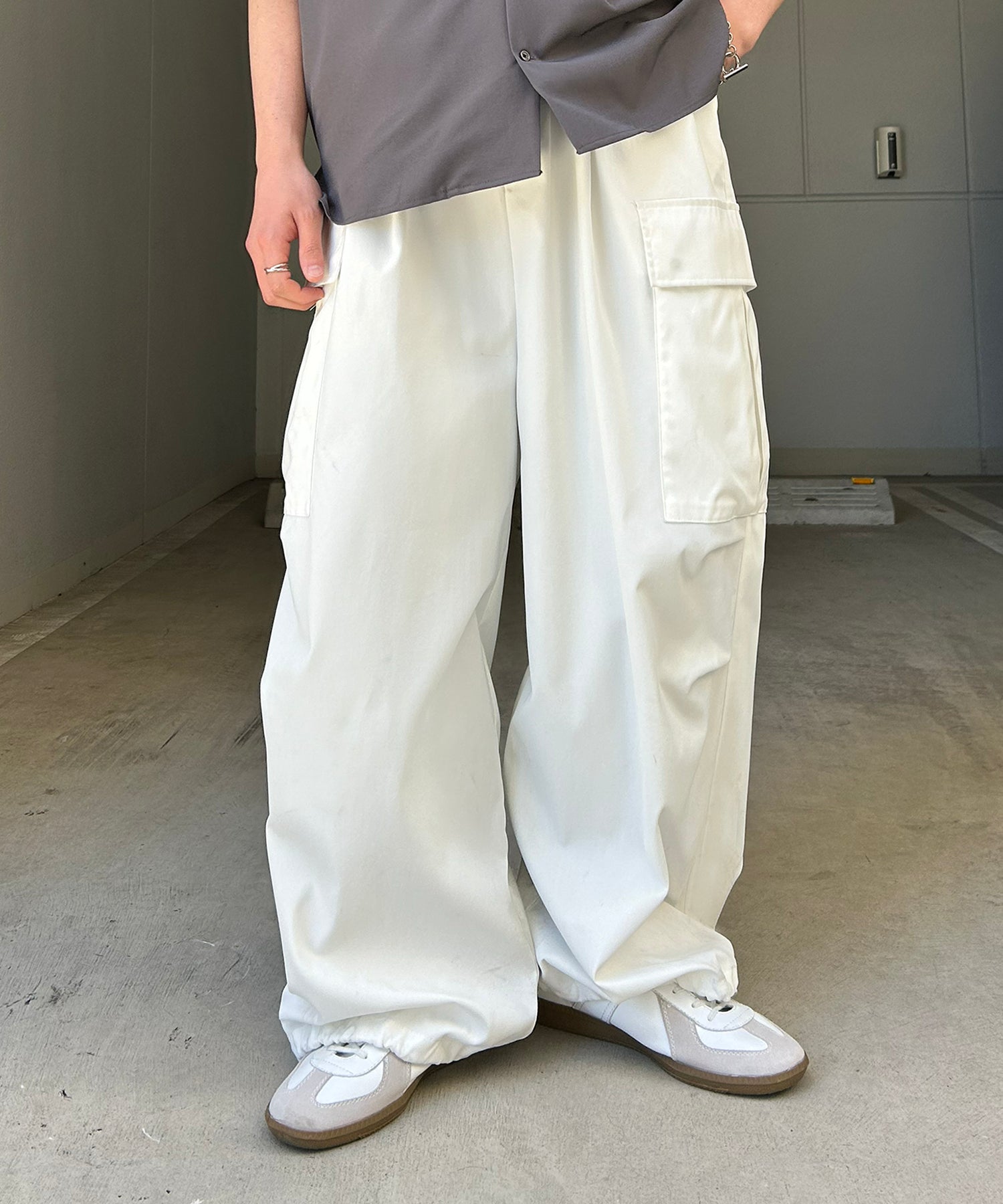 25SS【新色追加】セットアップ対応 ミリタリーワイドカーゴパンツ オーバーサイズ  サイドポケット 裾ドローコード パラシュートパンツ