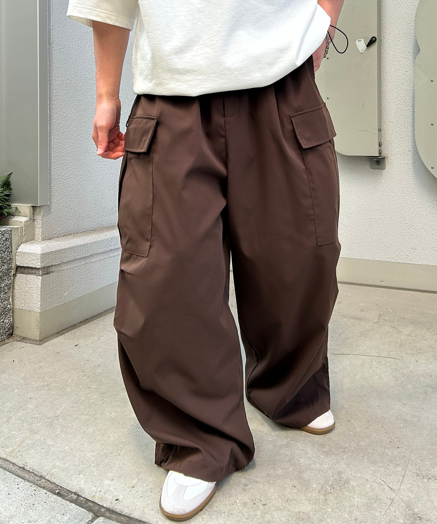 25SS【新色追加】セットアップ対応 ミリタリーワイドカーゴパンツ オーバーサイズ  サイドポケット 裾ドローコード パラシュートパンツ