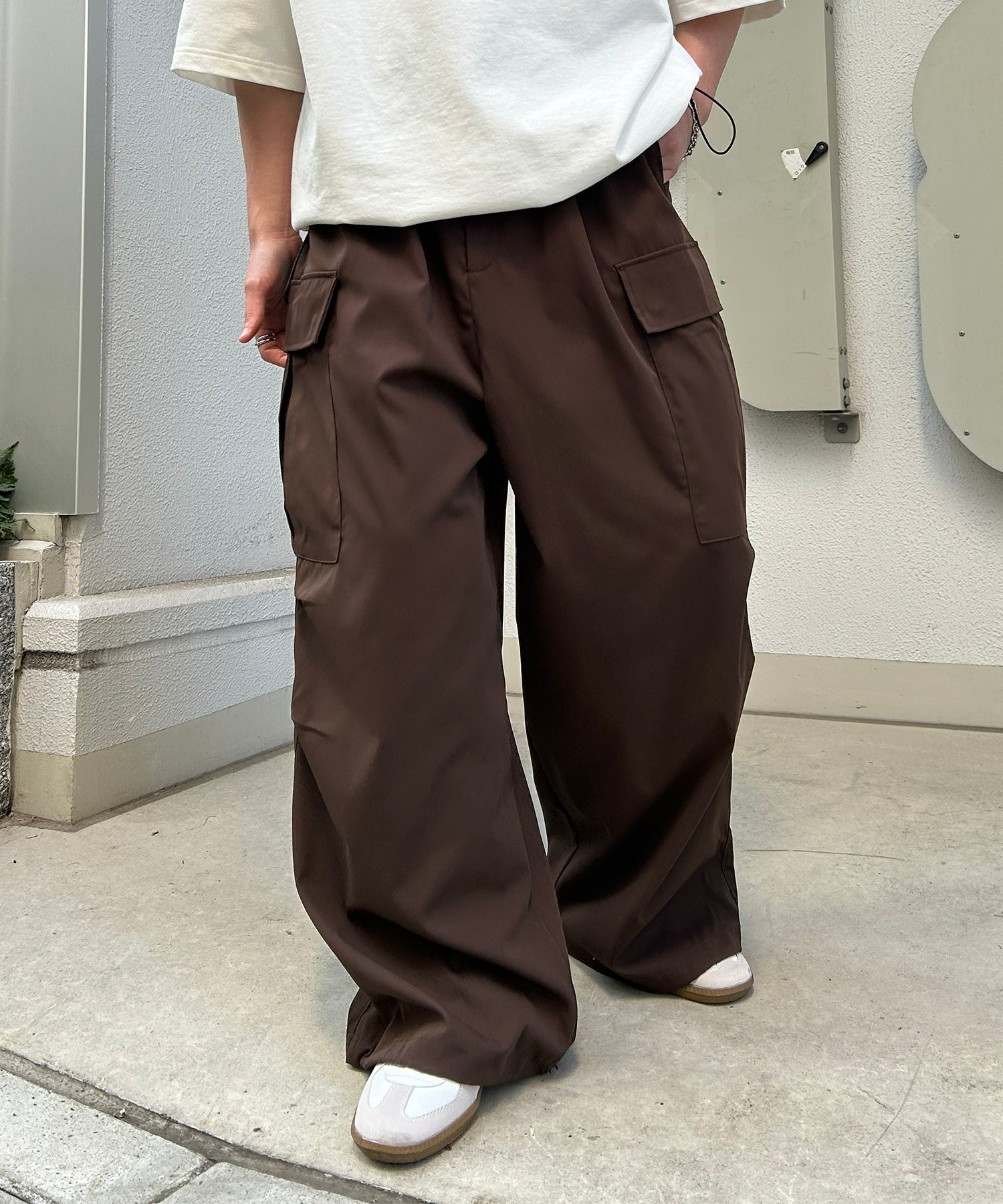 25SS【新色追加】セットアップ対応 ミリタリーワイドカーゴパンツ オーバーサイズ  サイドポケット 裾ドローコード パラシュートパンツ