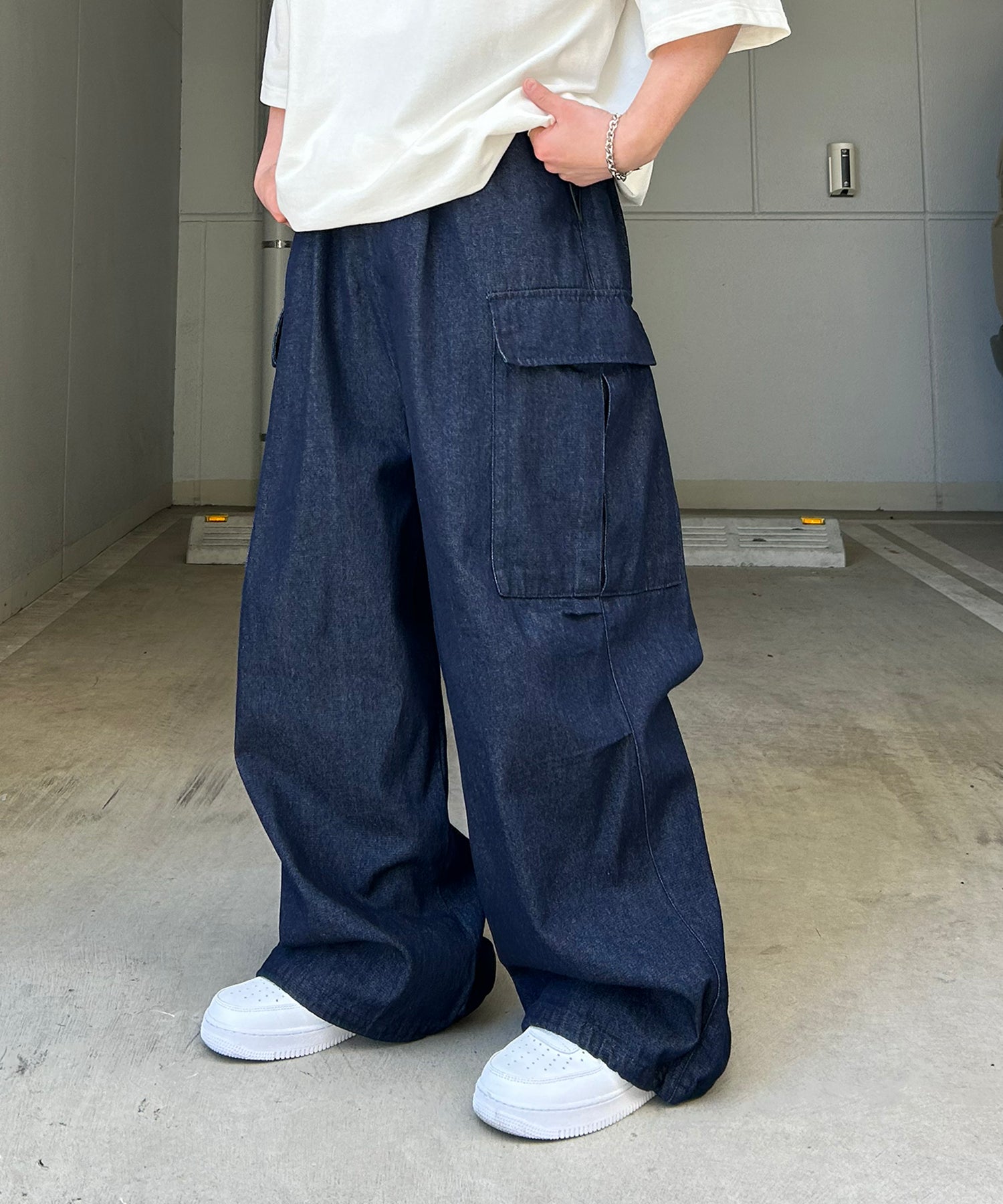 25SS【新色追加】セットアップ対応 ミリタリーワイドカーゴパンツ オーバーサイズ  サイドポケット 裾ドローコード パラシュートパンツ