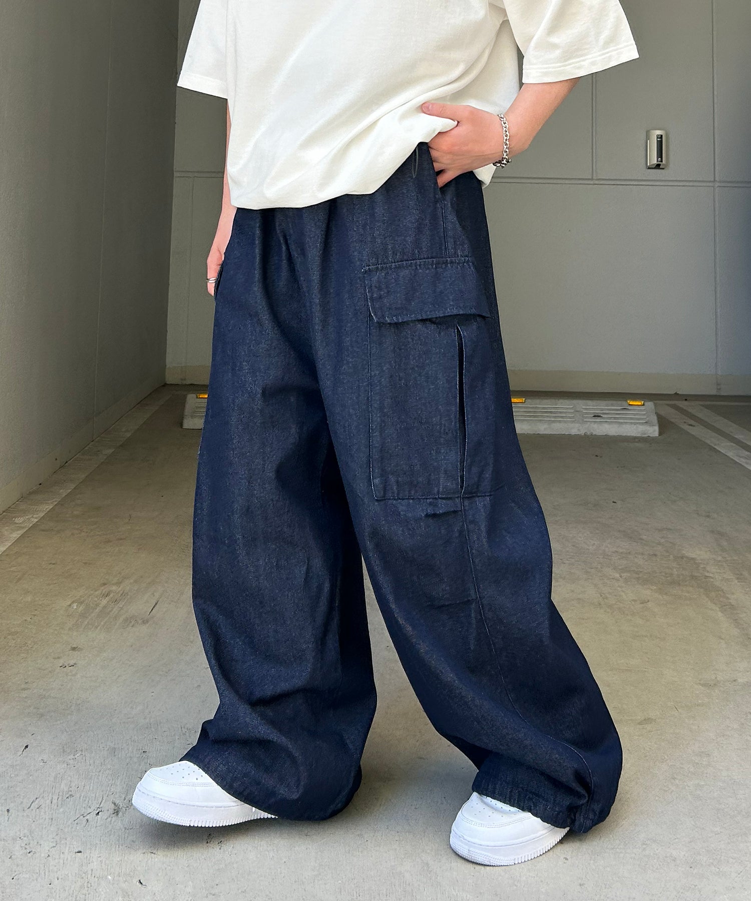 25SS【新色追加】セットアップ対応 ミリタリーワイドカーゴパンツ オーバーサイズ  サイドポケット 裾ドローコード パラシュートパンツ