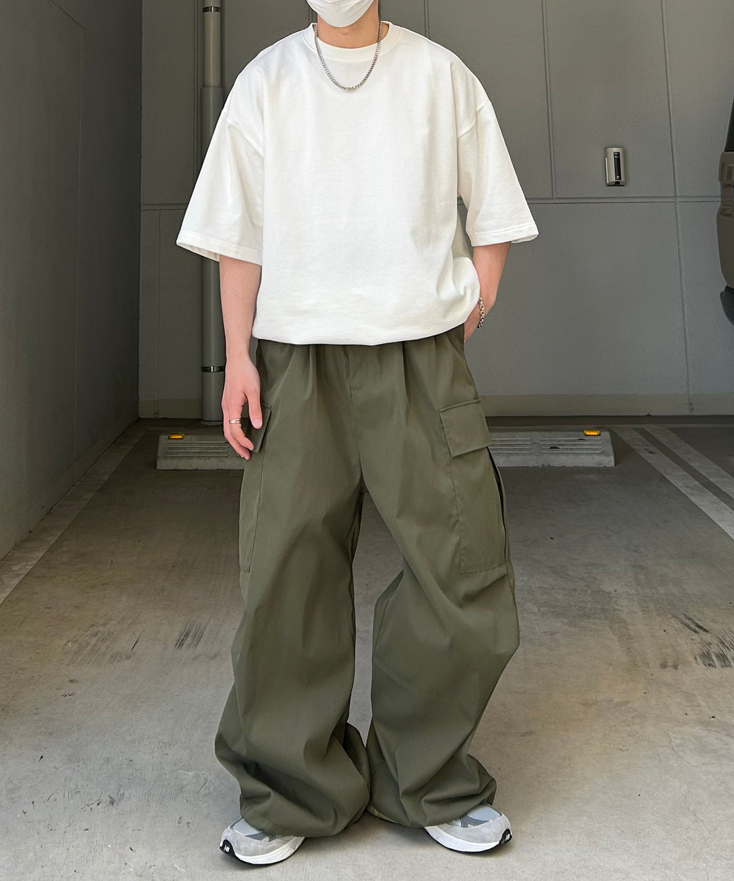 25SS【新色追加】セットアップ対応 ミリタリーワイドカーゴパンツ オーバーサイズ  サイドポケット 裾ドローコード パラシュートパンツ