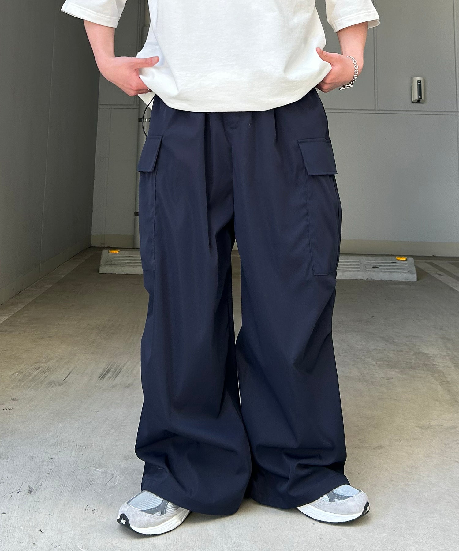 25SS【新色追加】セットアップ対応 ミリタリーワイドカーゴパンツ オーバーサイズ  サイドポケット 裾ドローコード パラシュートパンツ