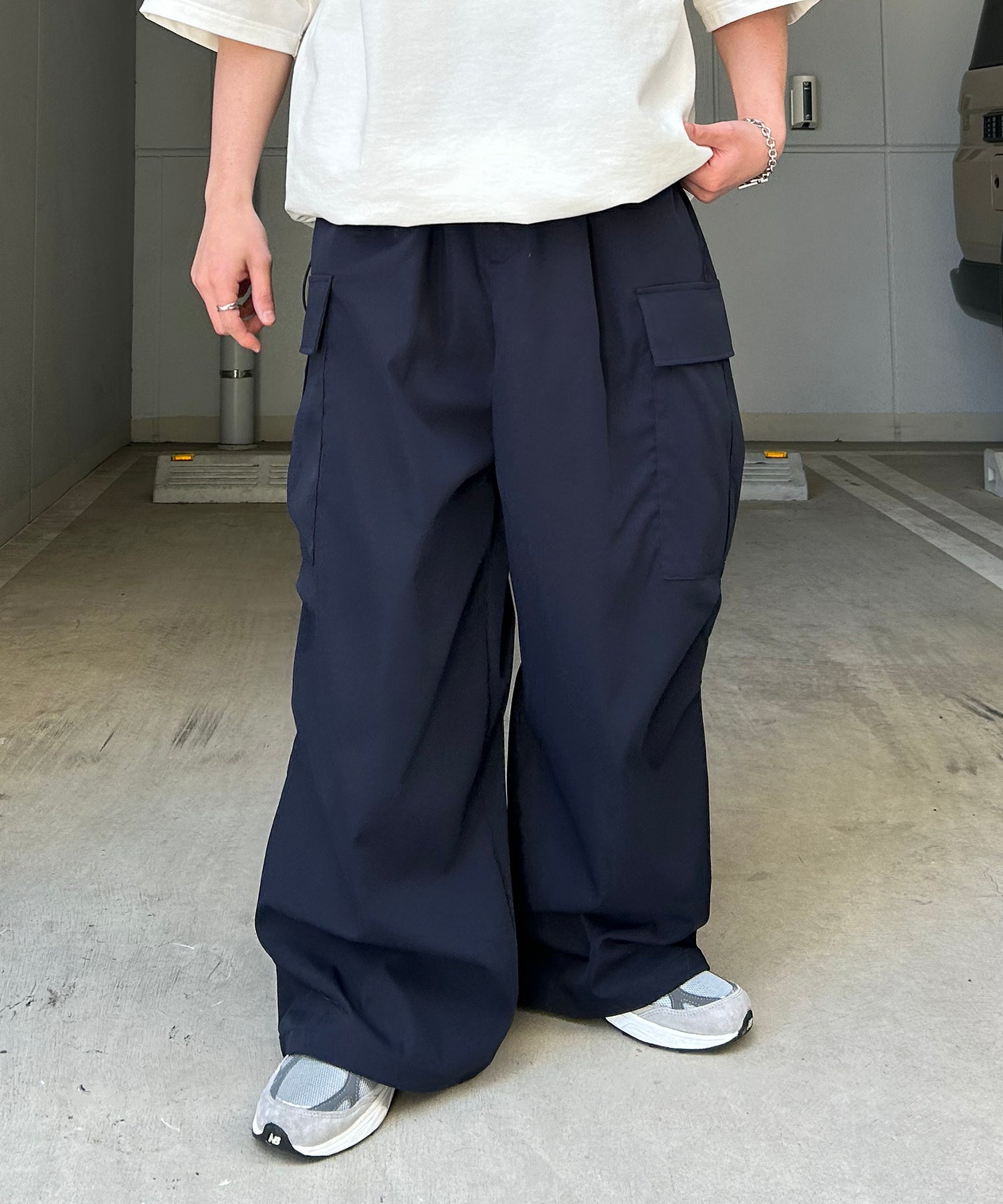 25SS【新色追加】セットアップ対応 ミリタリーワイドカーゴパンツ オーバーサイズ  サイドポケット 裾ドローコード パラシュートパンツ