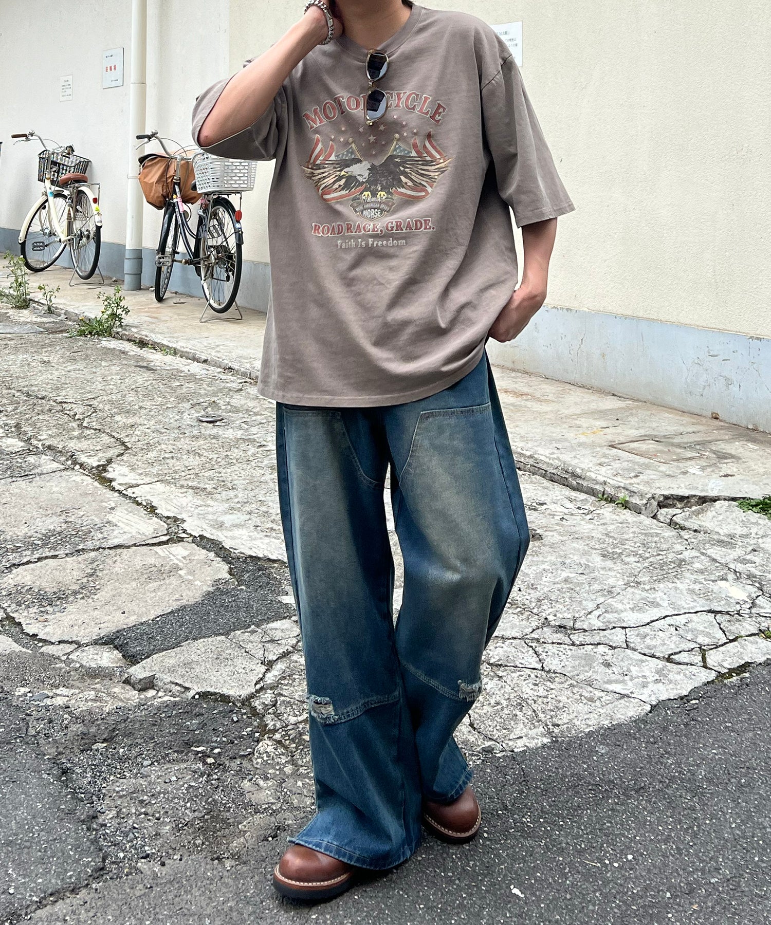 ヴィンテージライク ピグメント加工 アメカジ風 レトロプリント ロックTシャツ