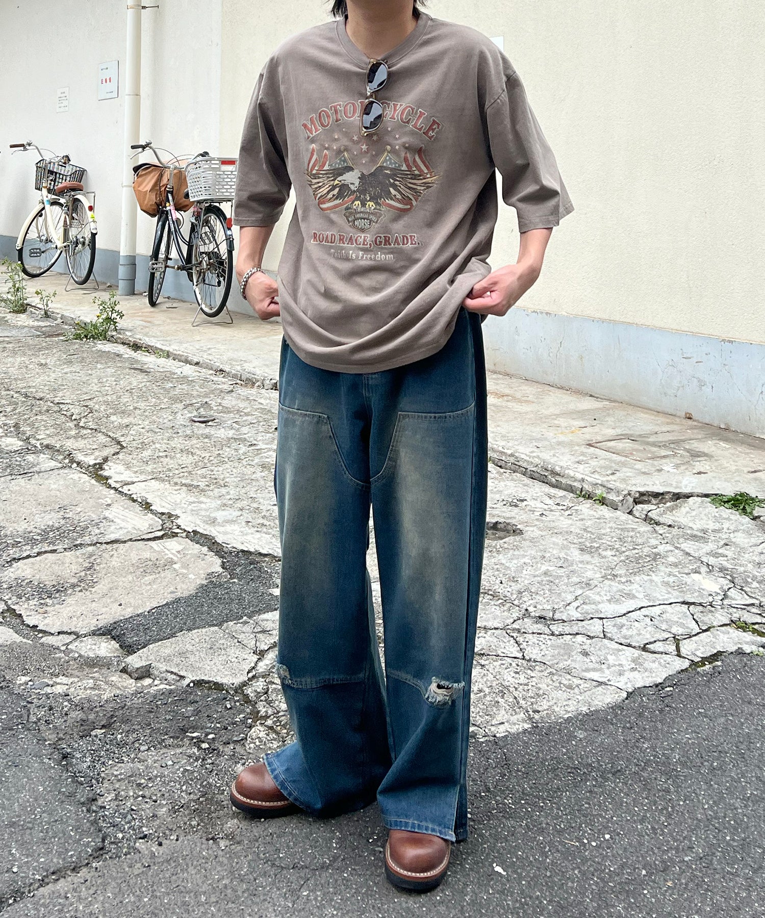 ヴィンテージライク ピグメント加工 アメカジ風 レトロプリント ロックTシャツ