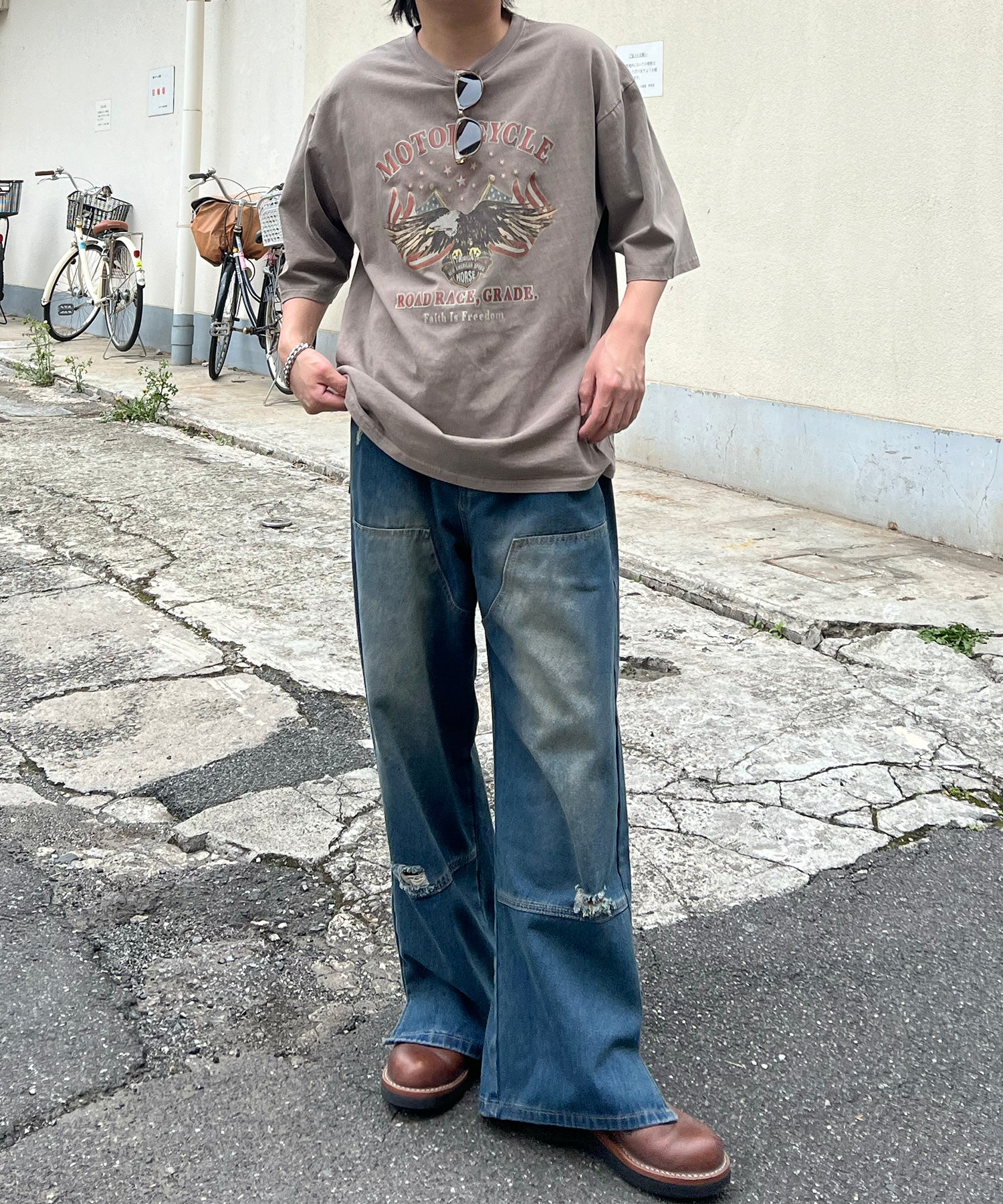 ヴィンテージライク ピグメント加工 アメカジ風 レトロプリント ロックTシャツ