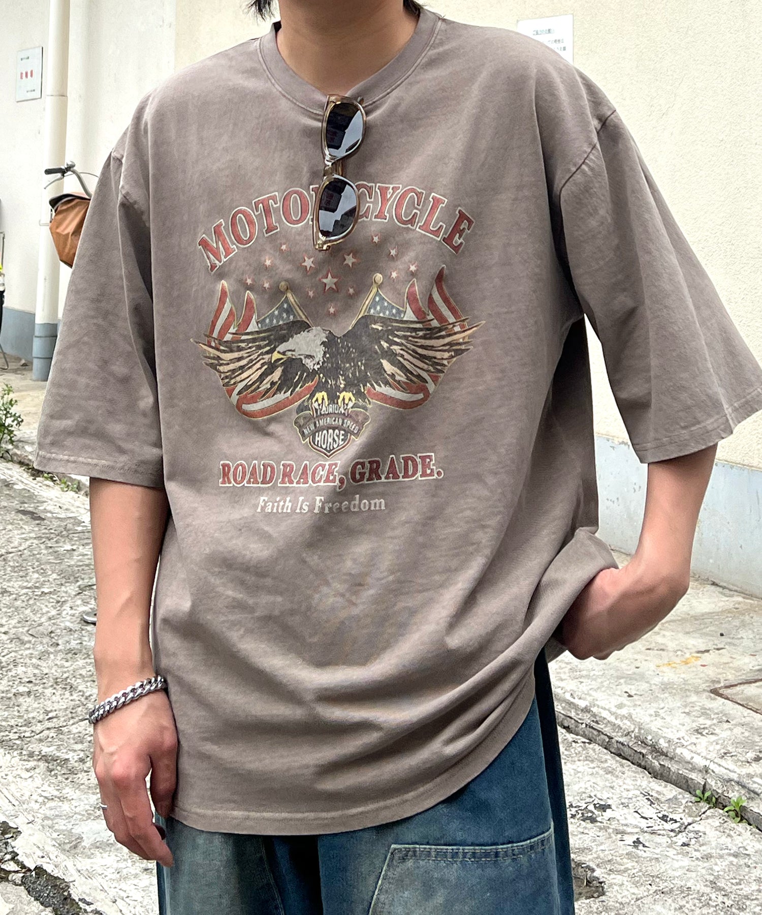 ヴィンテージライク ピグメント加工 アメカジ風 レトロプリント ロックTシャツ