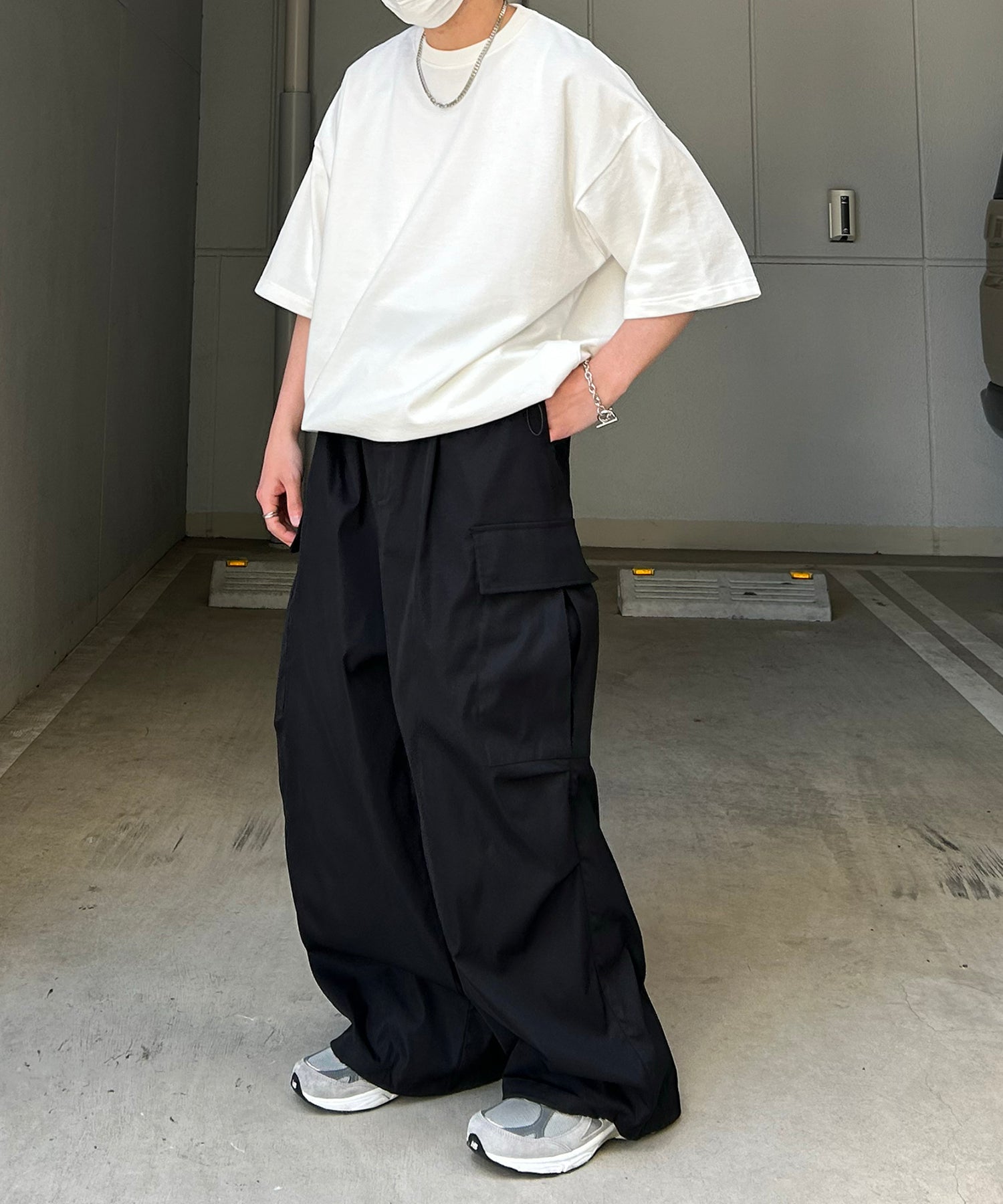 25SS【新色追加】セットアップ対応 ミリタリーワイドカーゴパンツ オーバーサイズ  サイドポケット 裾ドローコード パラシュートパンツ