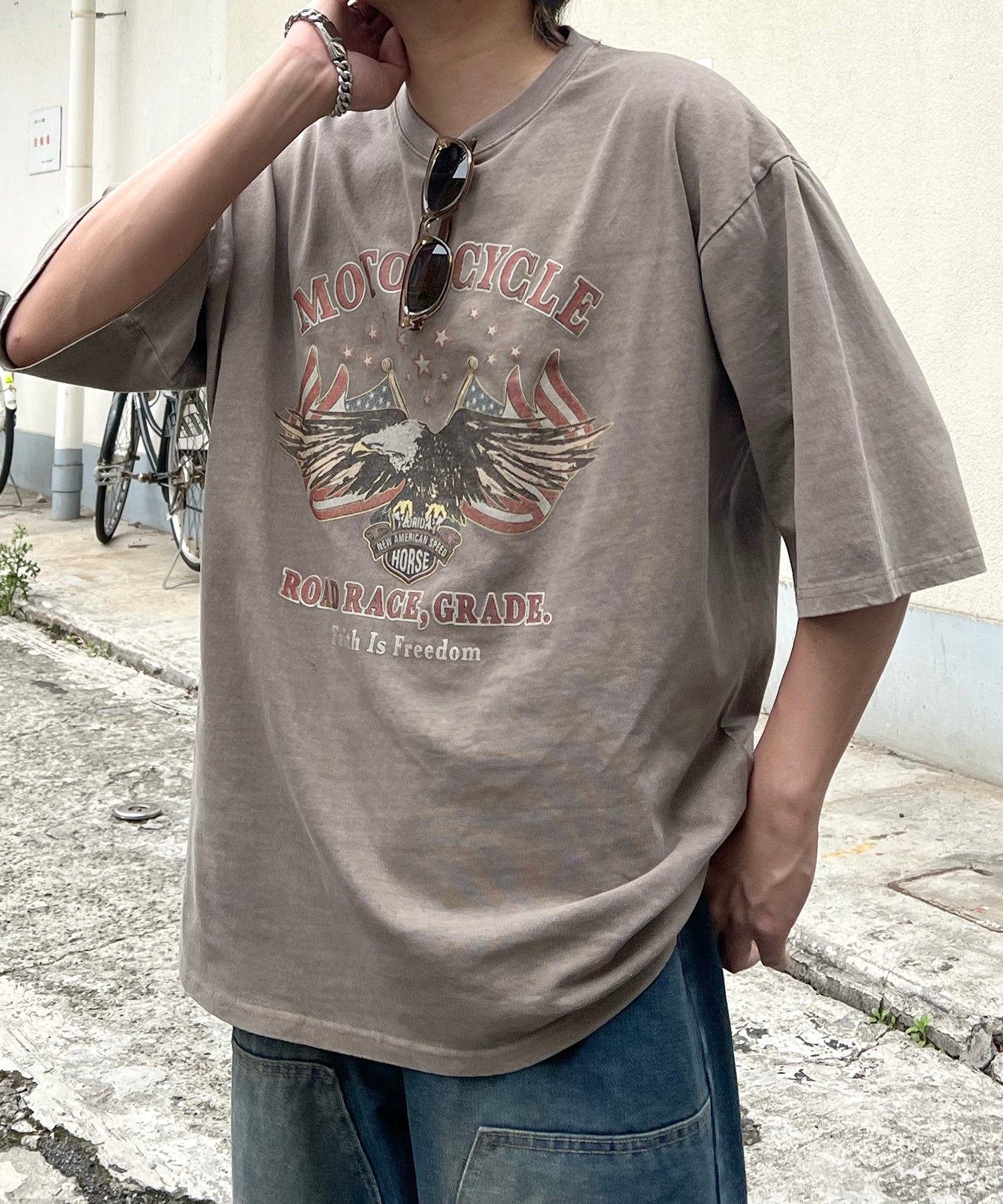 ヴィンテージライク ピグメント加工 アメカジ風 レトロプリント ロックTシャツ