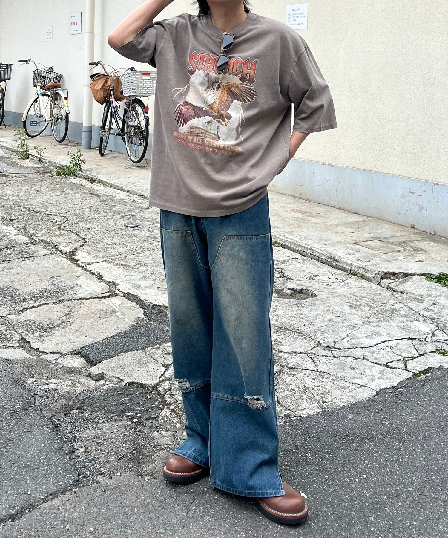 ヴィンテージライク ピグメント加工 アメカジ風 レトロプリント ロックTシャツ