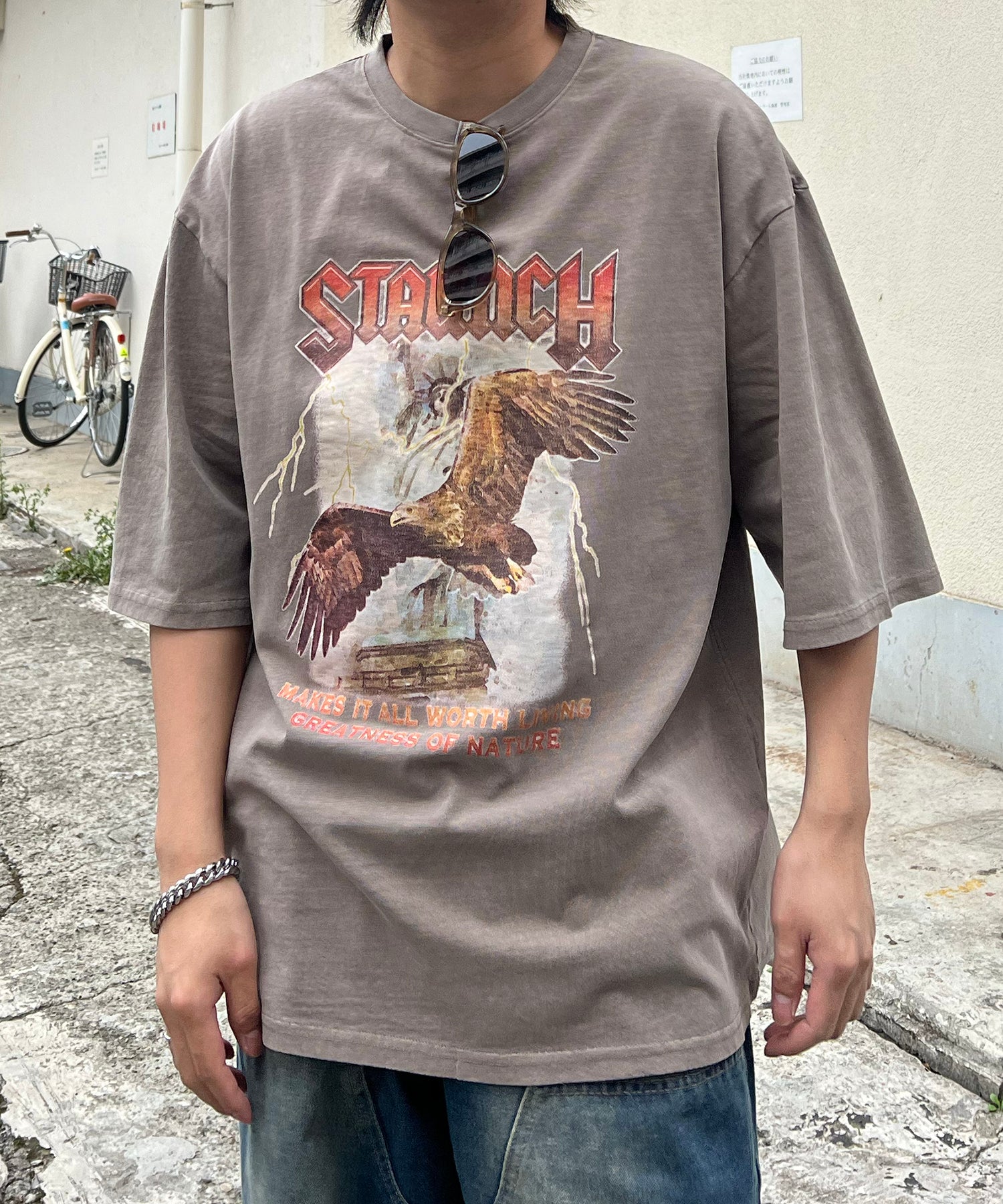 ヴィンテージライク ピグメント加工 アメカジ風 レトロプリント ロックTシャツ