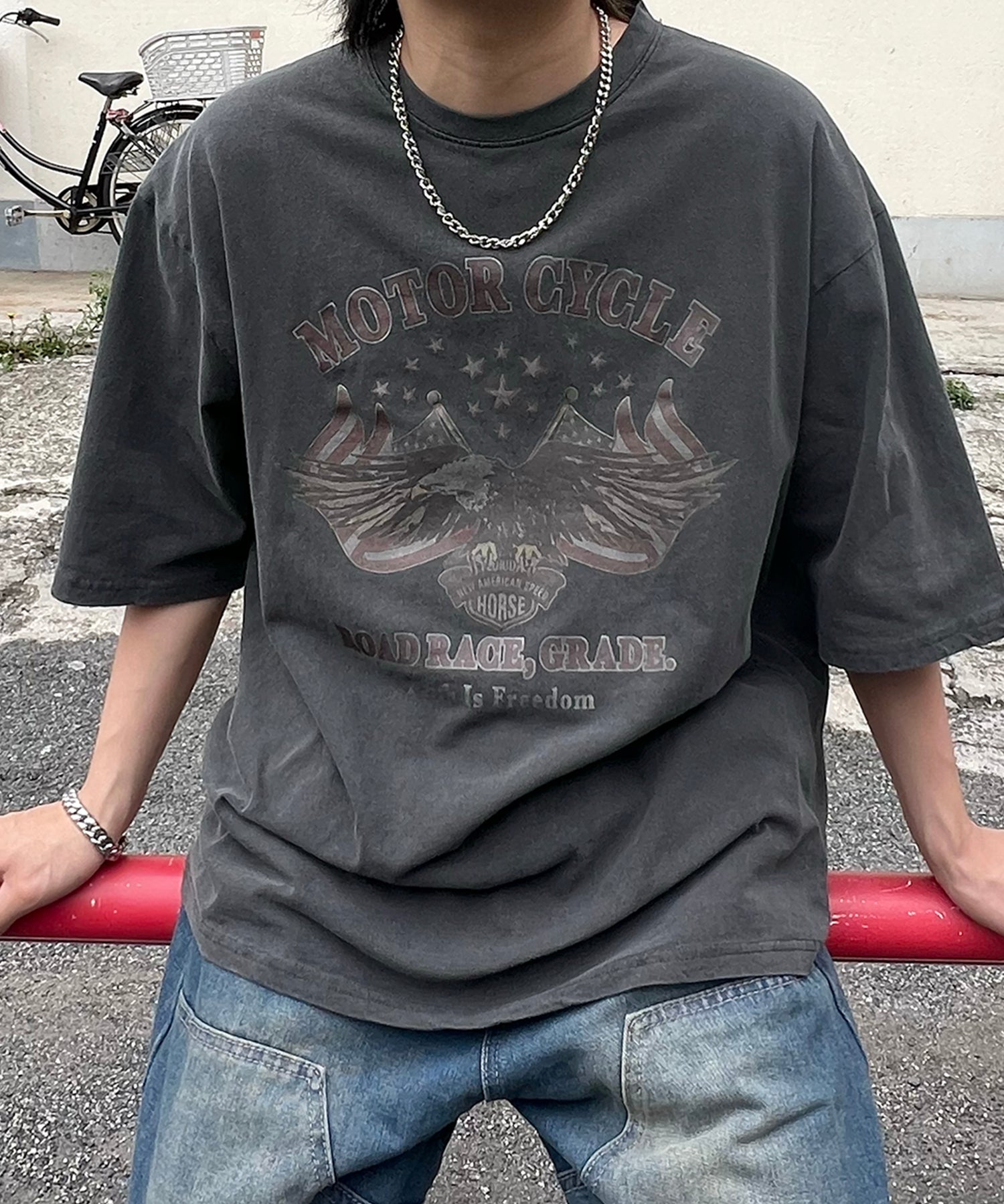 ヴィンテージライク ピグメント加工 アメカジ風 レトロプリント ロックTシャツ