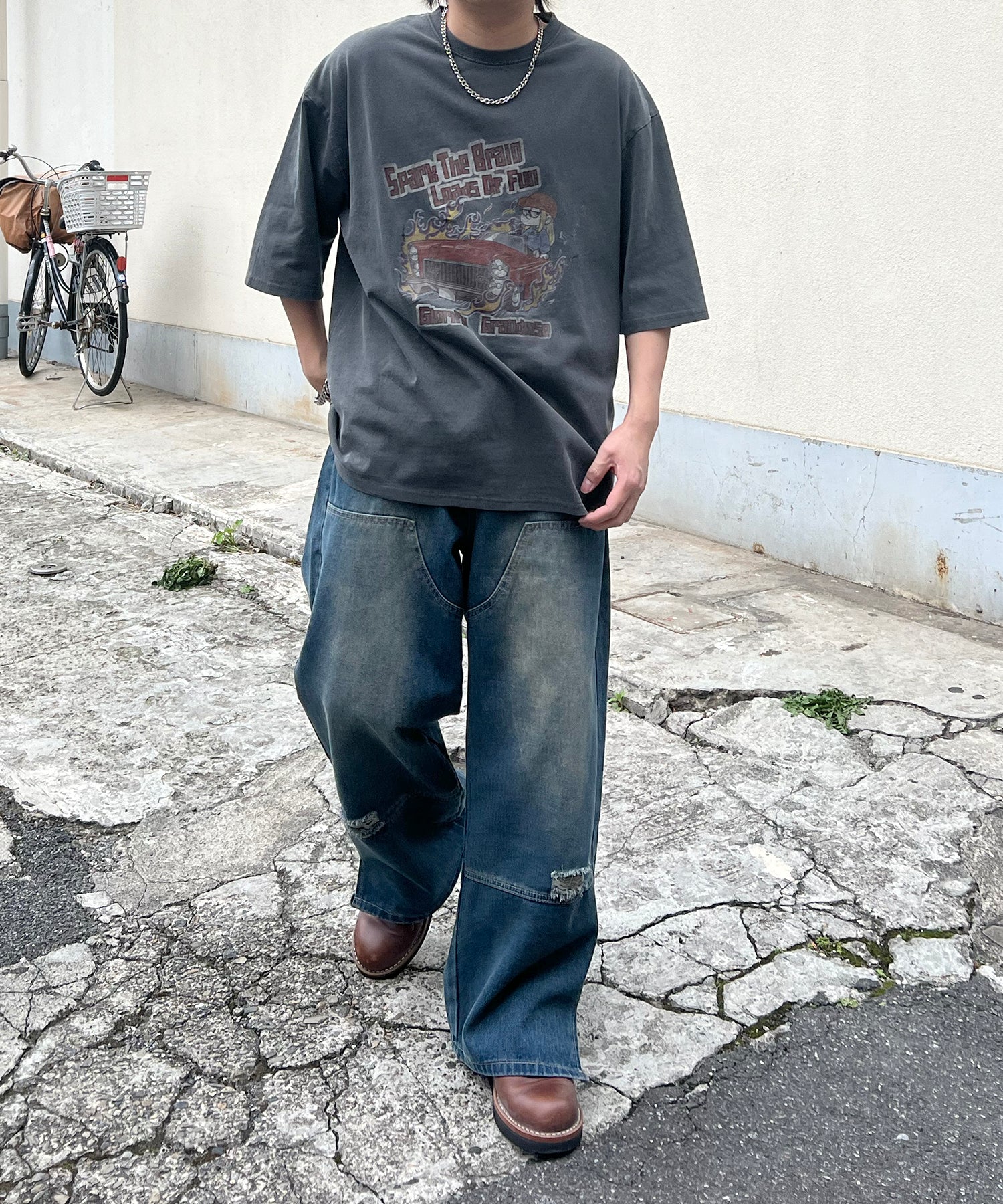 ヴィンテージライク ピグメント加工 アメカジ風 レトロプリント ロックTシャツ