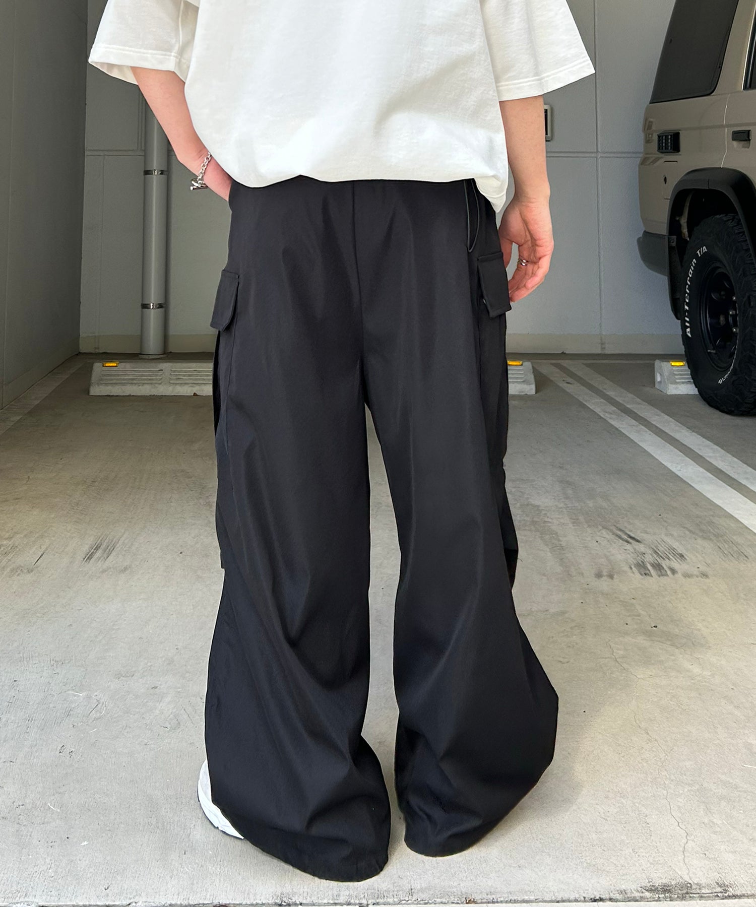 25SS【新色追加】セットアップ対応 ミリタリーワイドカーゴパンツ オーバーサイズ  サイドポケット 裾ドローコード パラシュートパンツ