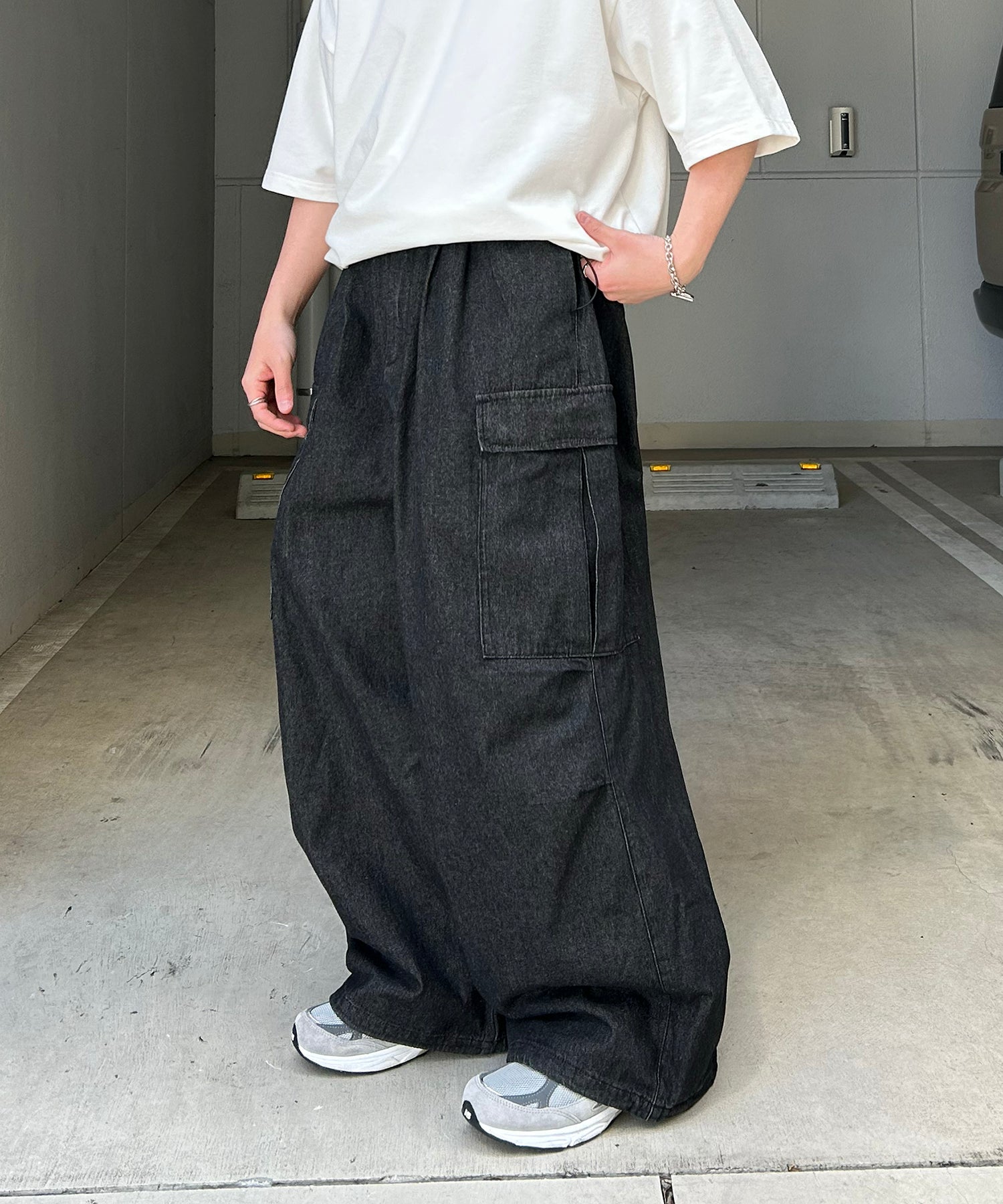 25SS【新色追加】セットアップ対応 ミリタリーワイドカーゴパンツ オーバーサイズ  サイドポケット 裾ドローコード パラシュートパンツ