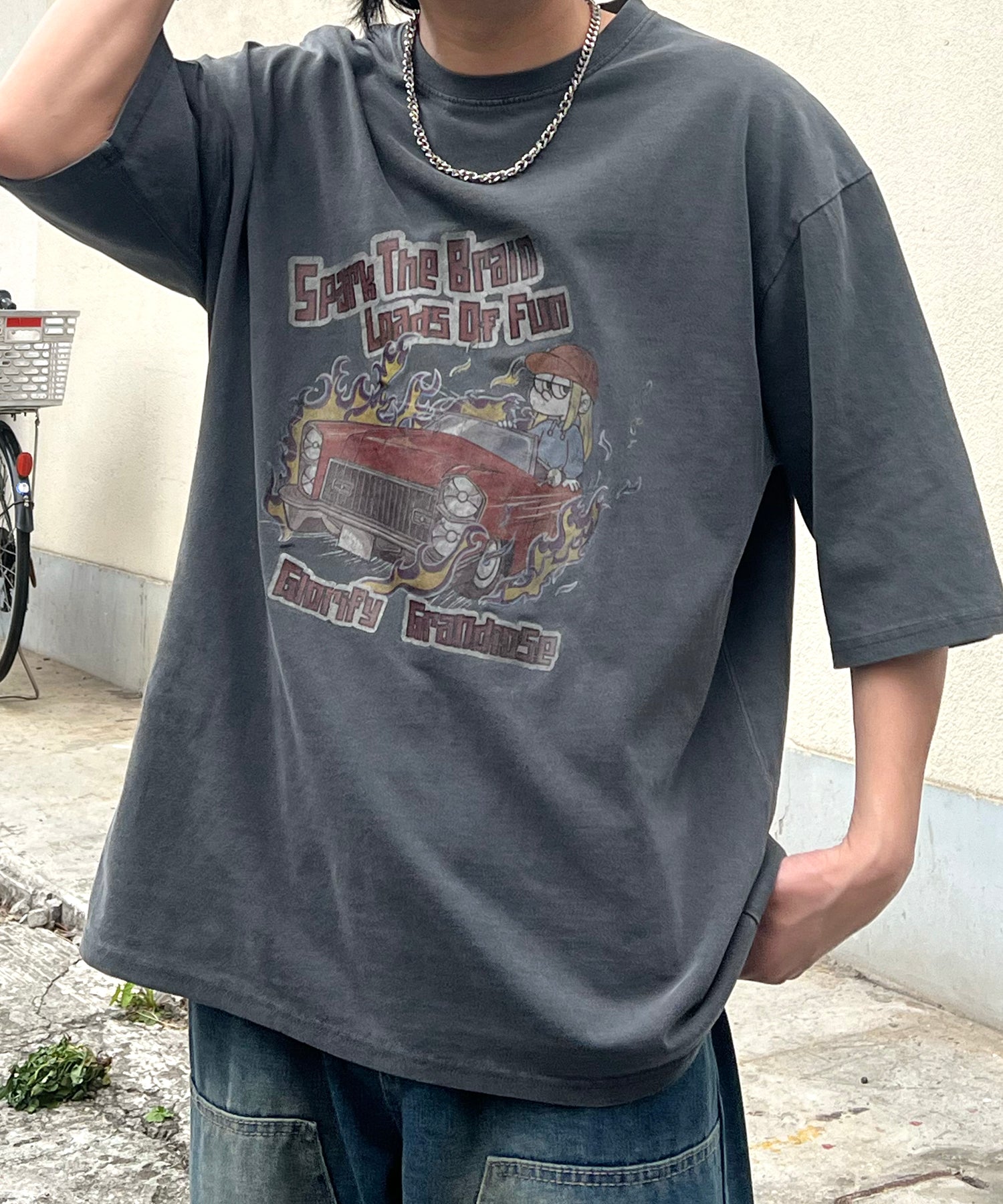 ヴィンテージライク ピグメント加工 アメカジ風 レトロプリント ロックTシャツ