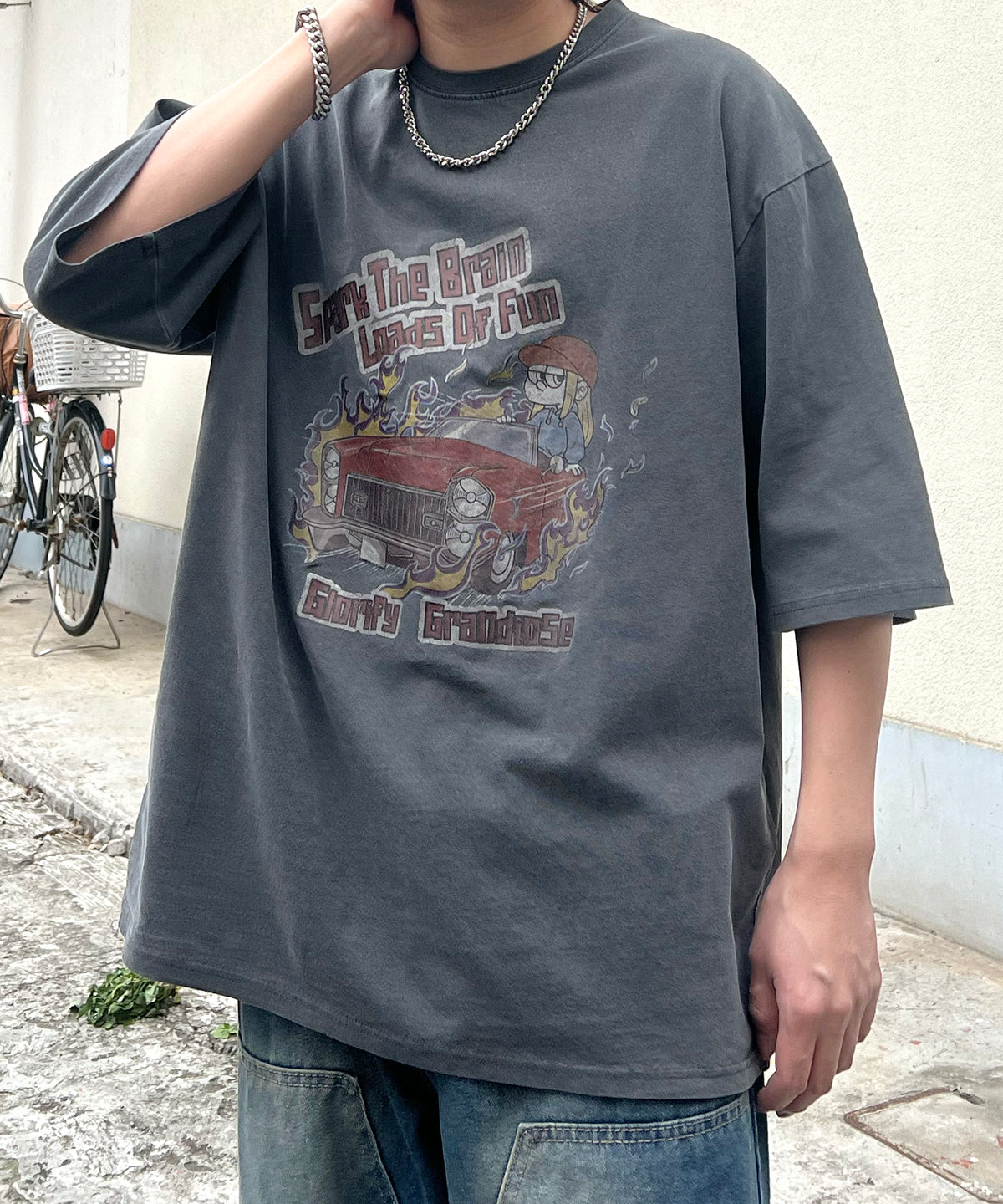 ヴィンテージライク ピグメント加工 アメカジ風 レトロプリント ロックTシャツ