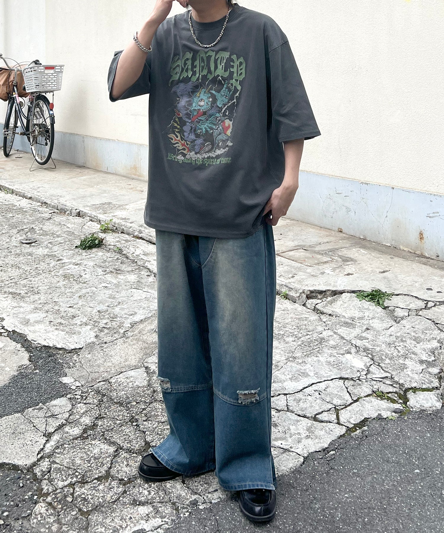 ヴィンテージライク ピグメント加工 アメカジ風 レトロプリント ロックTシャツ カットソー