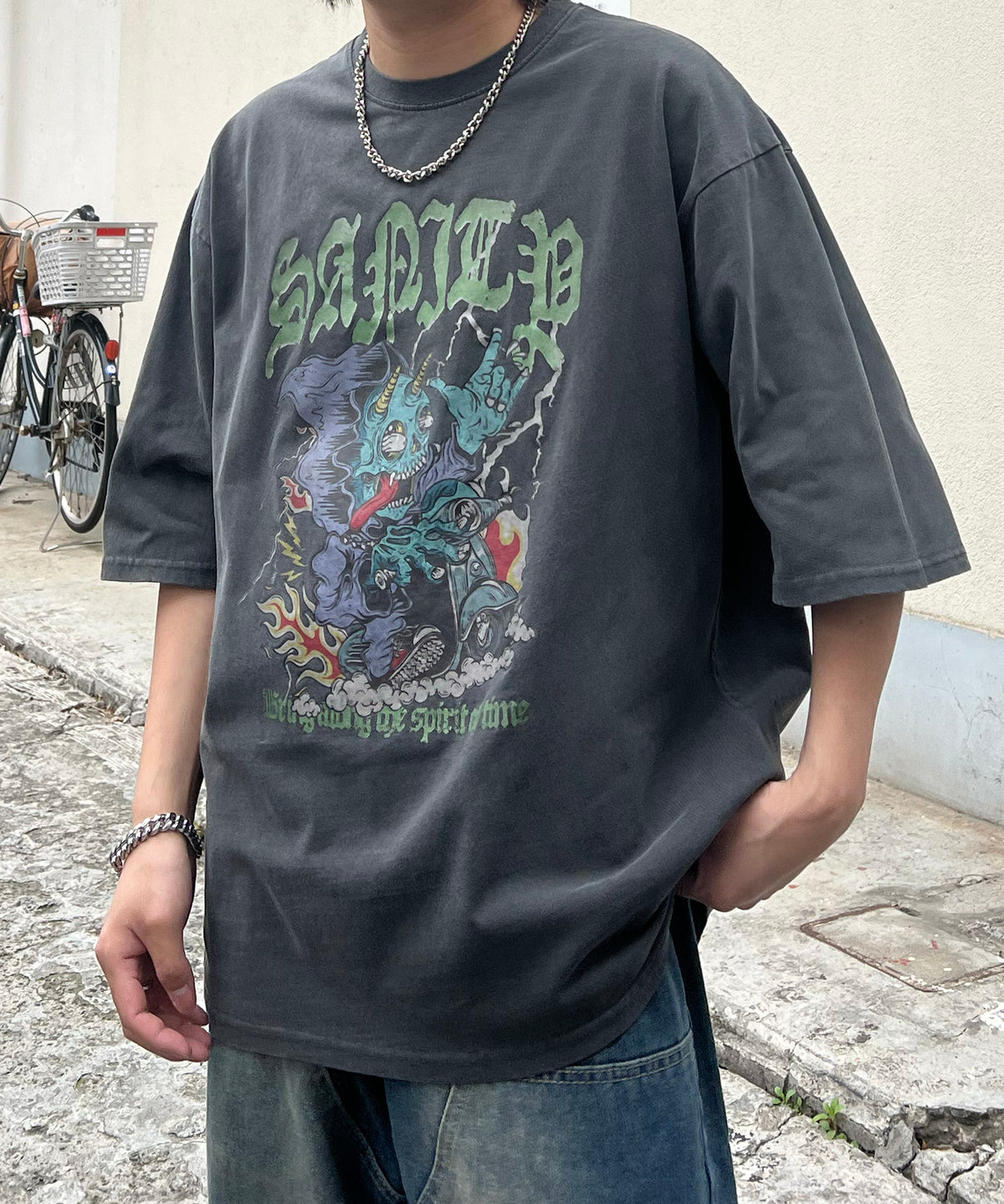 ヴィンテージライク ピグメント加工 アメカジ風 レトロプリント ロックTシャツ カットソー