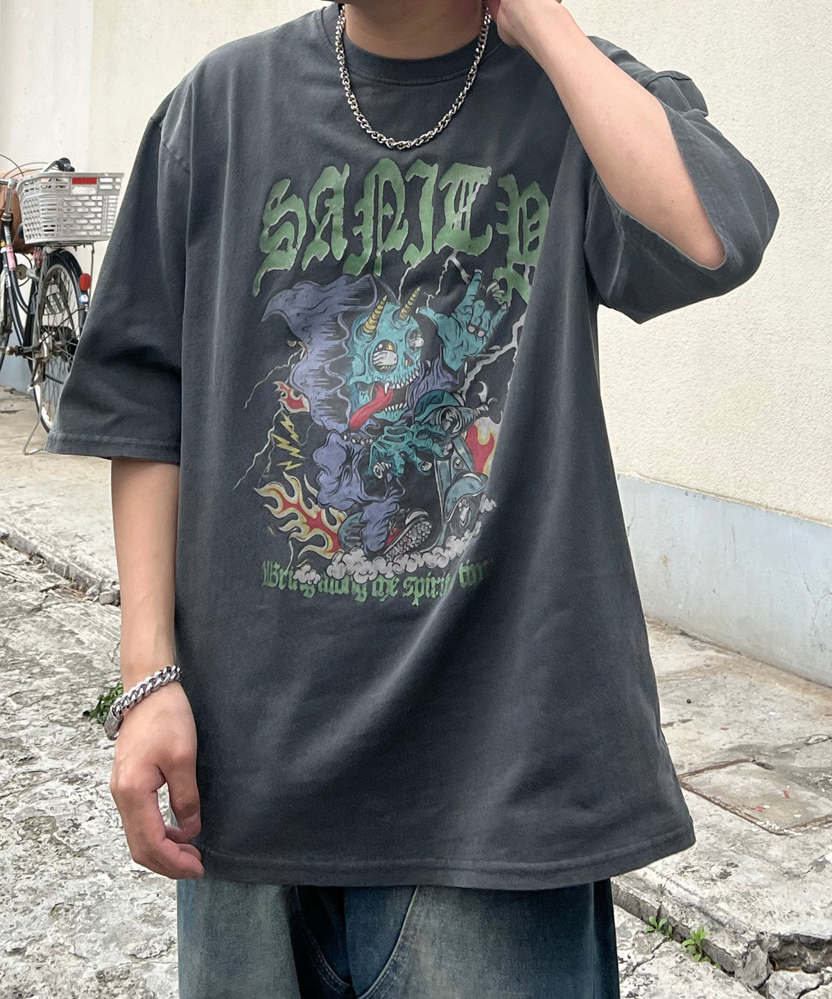 ヴィンテージライク ピグメント加工 アメカジ風 レトロプリント ロックTシャツ カットソー