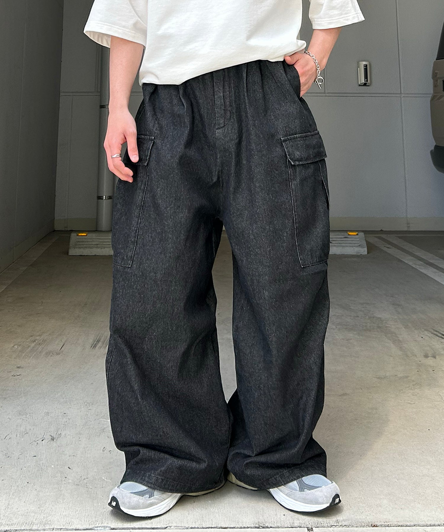 25SS【新色追加】セットアップ対応 ミリタリーワイドカーゴパンツ オーバーサイズ  サイドポケット 裾ドローコード パラシュートパンツ