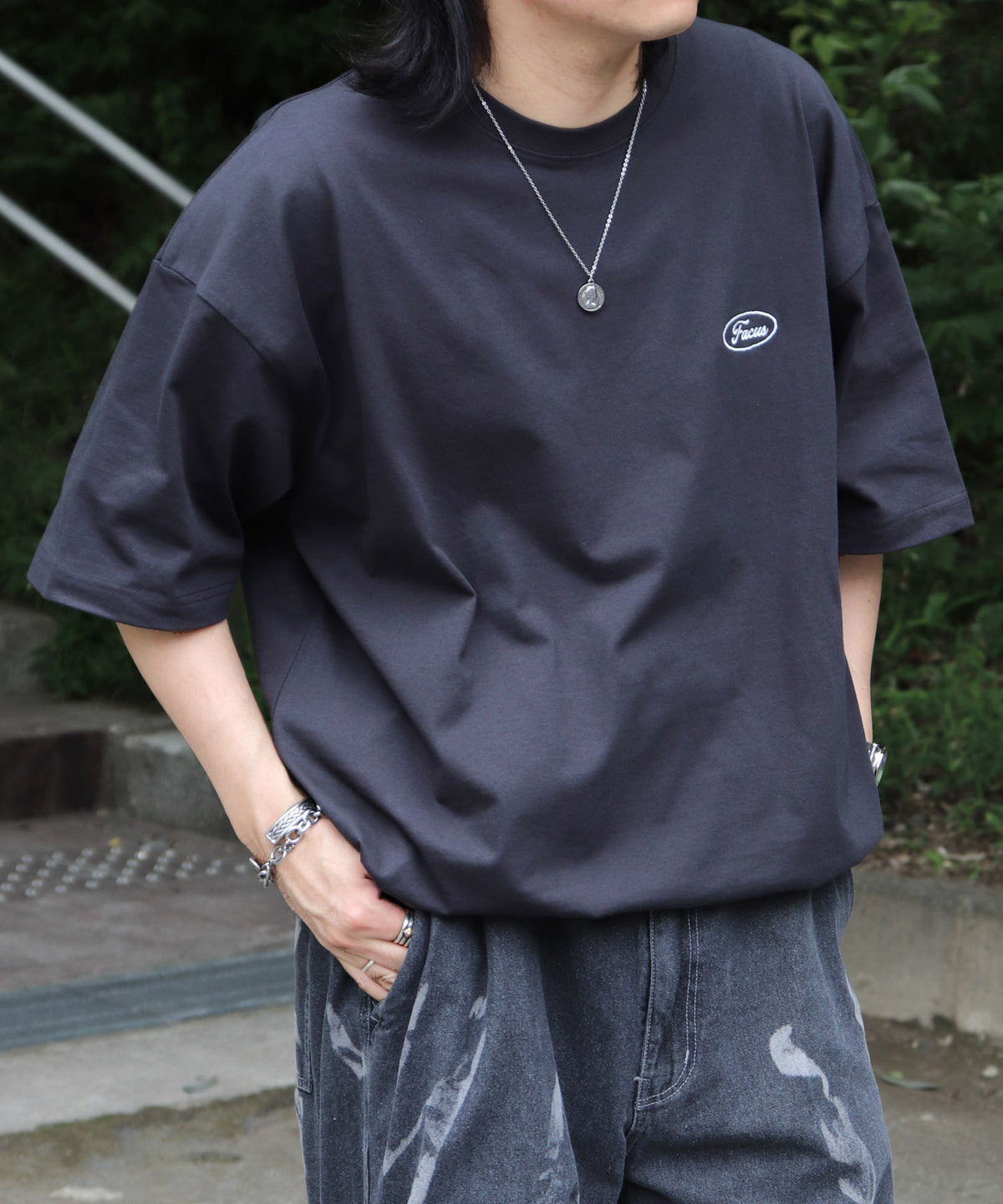 25SS ビッグシルエット ワンポイント刺繍 ドロスト 半袖Tシャツ