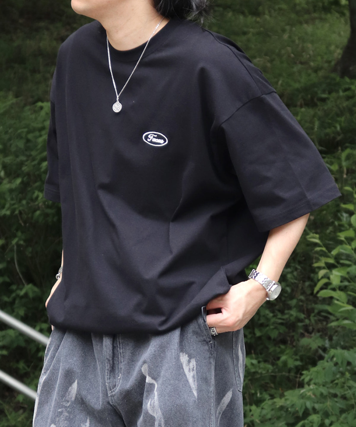 25SS ビッグシルエット ワンポイント刺繍 ドロスト 半袖Tシャツ