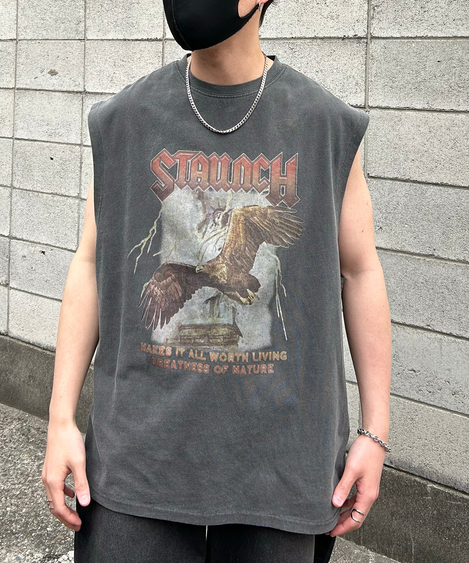 25SS ヴィンテージライク ピグメント加工 アメカジ風 レトロプリント ノースリーブ