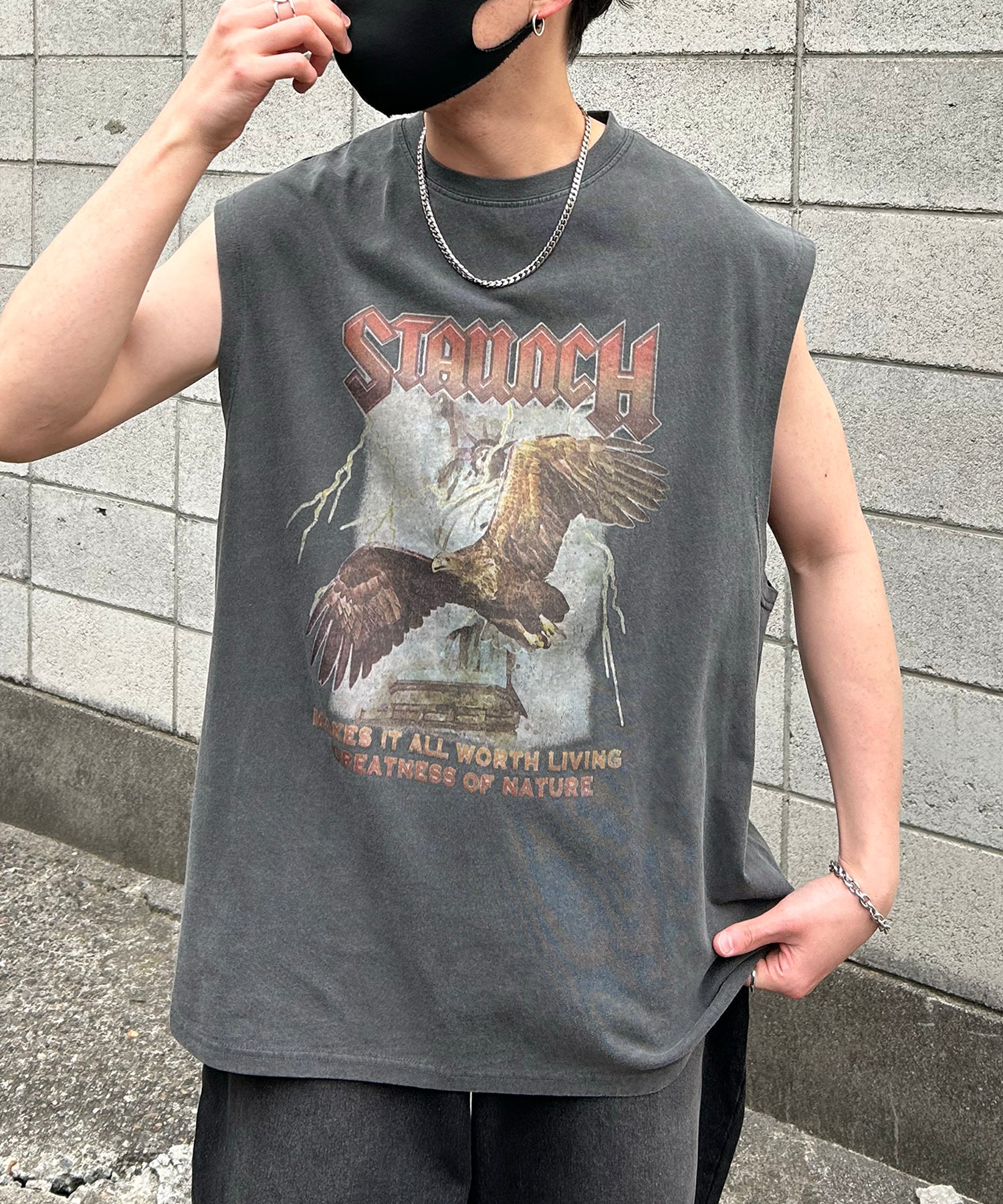 25SS ヴィンテージライク ピグメント加工 アメカジ風 レトロプリント ノースリーブ