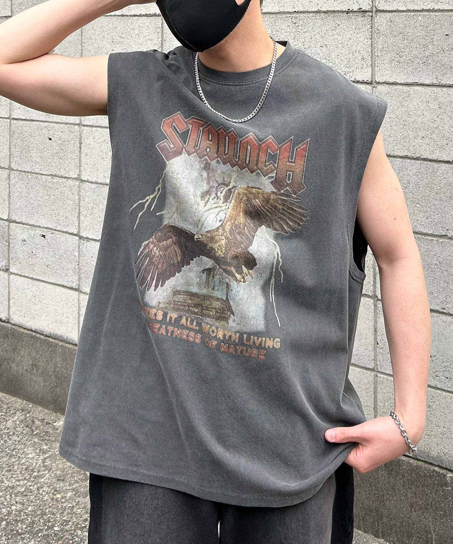 25SS ヴィンテージライク ピグメント加工 アメカジ風 レトロプリント ノースリーブ