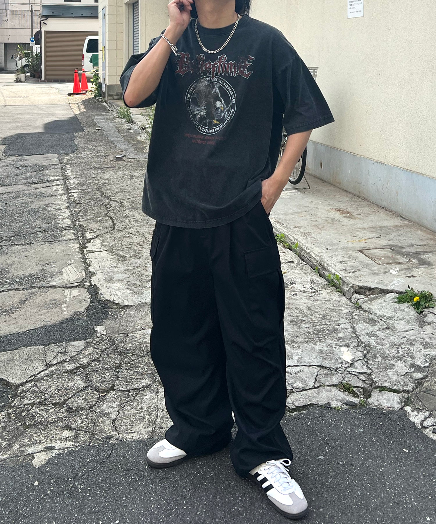 24SS ヴィンテージライク ロックプリント レトロ ピグメント加工 ビッグシルエット半袖バンドTシャツ