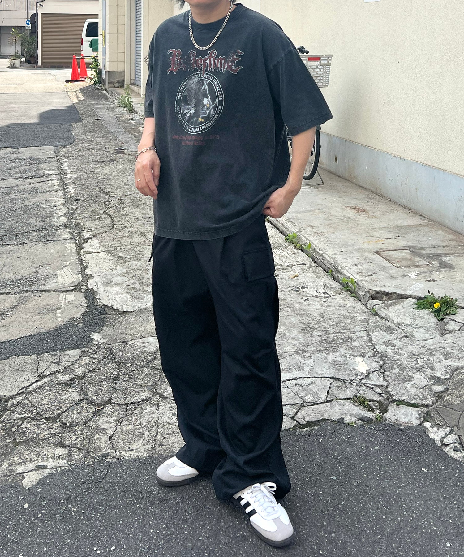 24SS ヴィンテージライク ロックプリント レトロ ピグメント加工 ビッグシルエット半袖バンドTシャツ