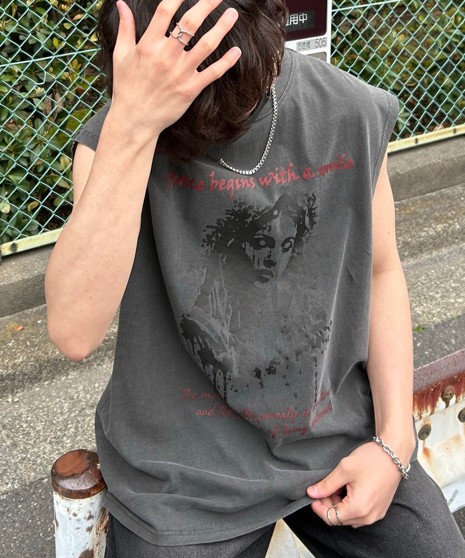 ヴィンテージライク ピグメント加工 アメカジ風 レトロプリント ノースリーブ