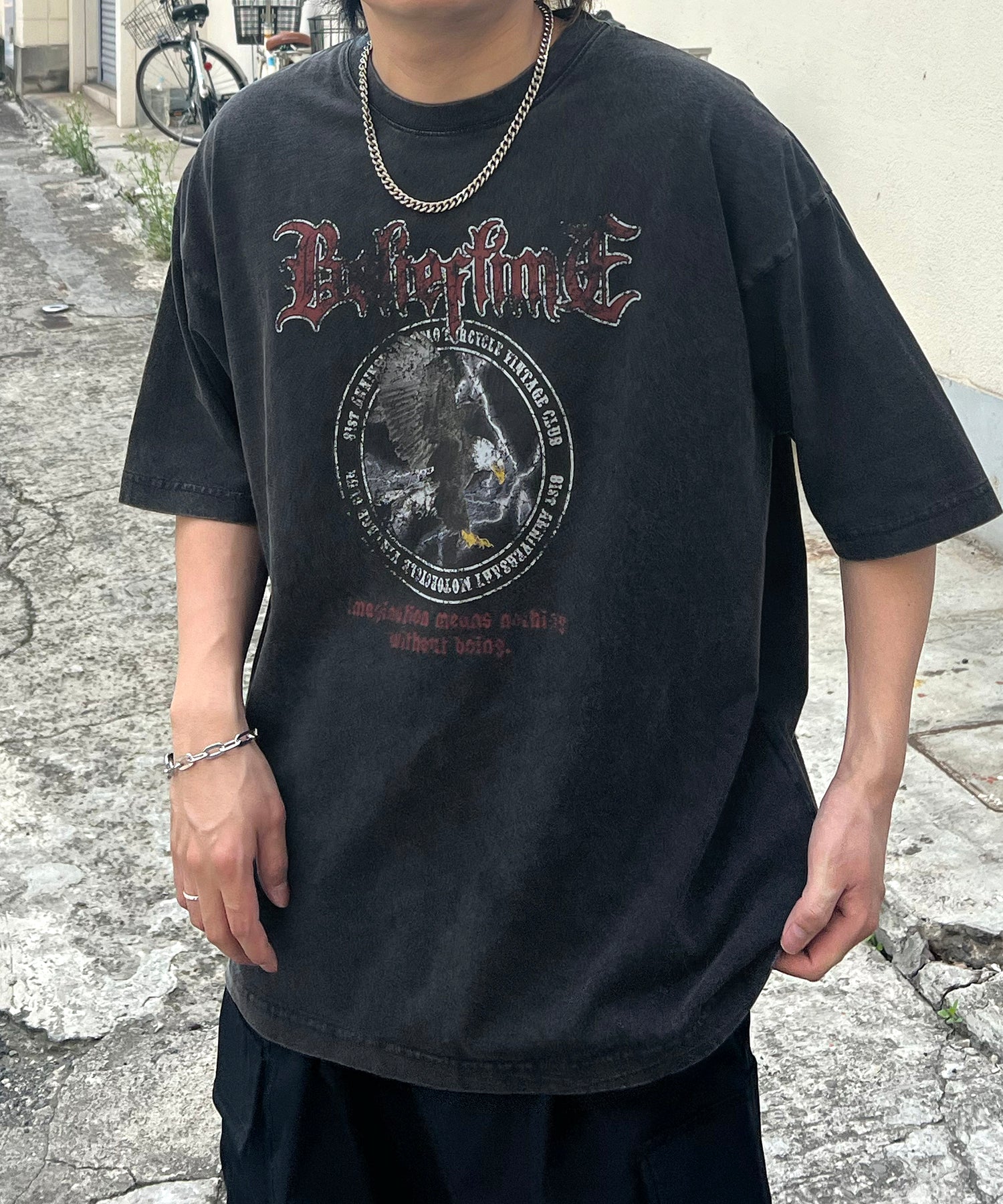 24SS ヴィンテージライク ロックプリント レトロ ピグメント加工 ビッグシルエット半袖バンドTシャツ