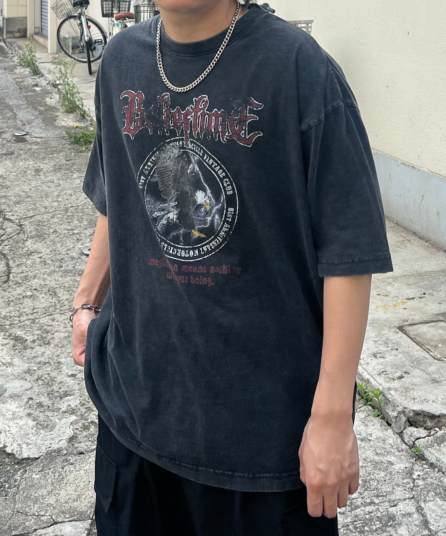 24SS ヴィンテージライク ロックプリント レトロ ピグメント加工 ビッグシルエット半袖バンドTシャツ