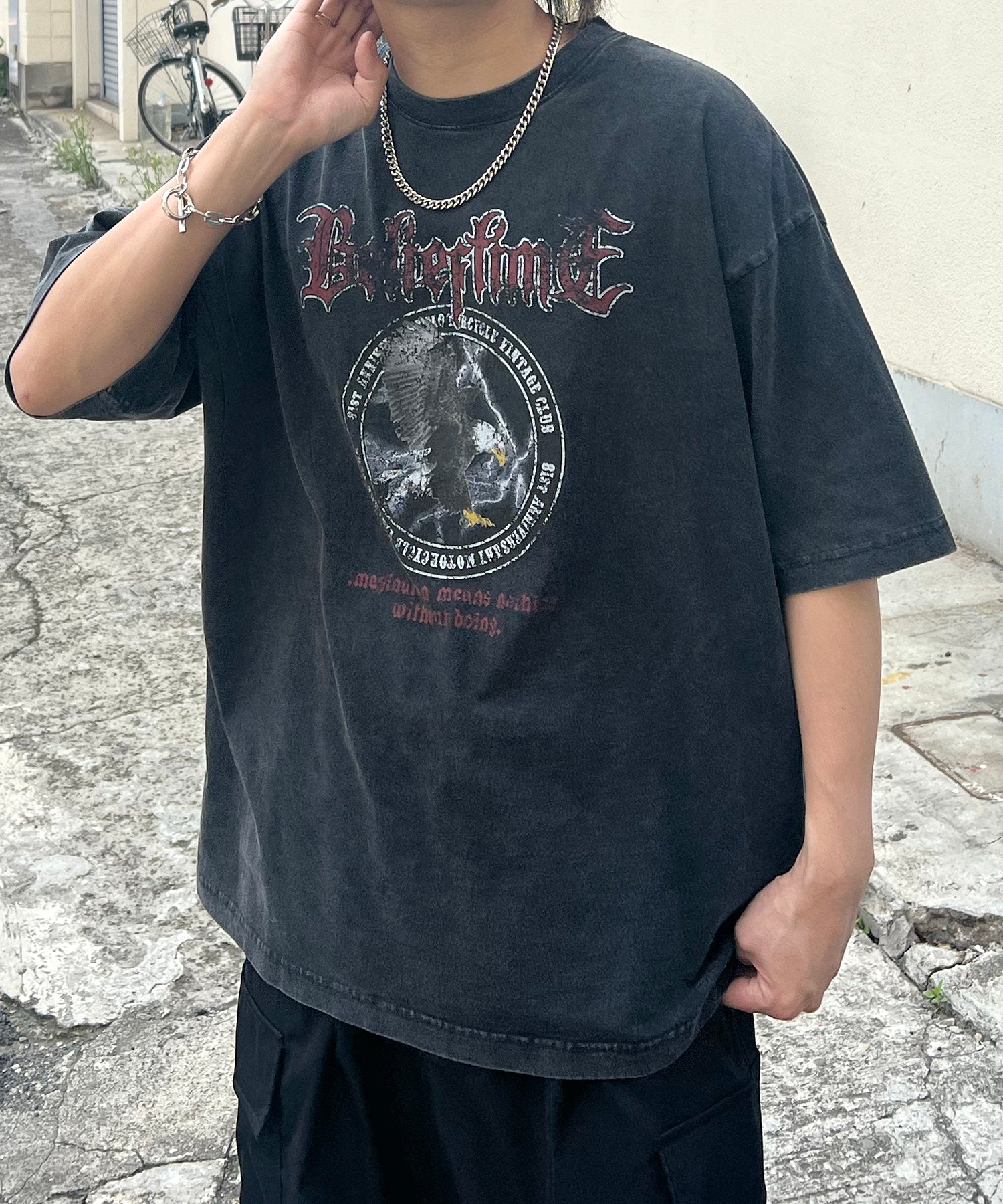 24SS ヴィンテージライク ロックプリント レトロ ピグメント加工 ビッグシルエット半袖バンドTシャツ