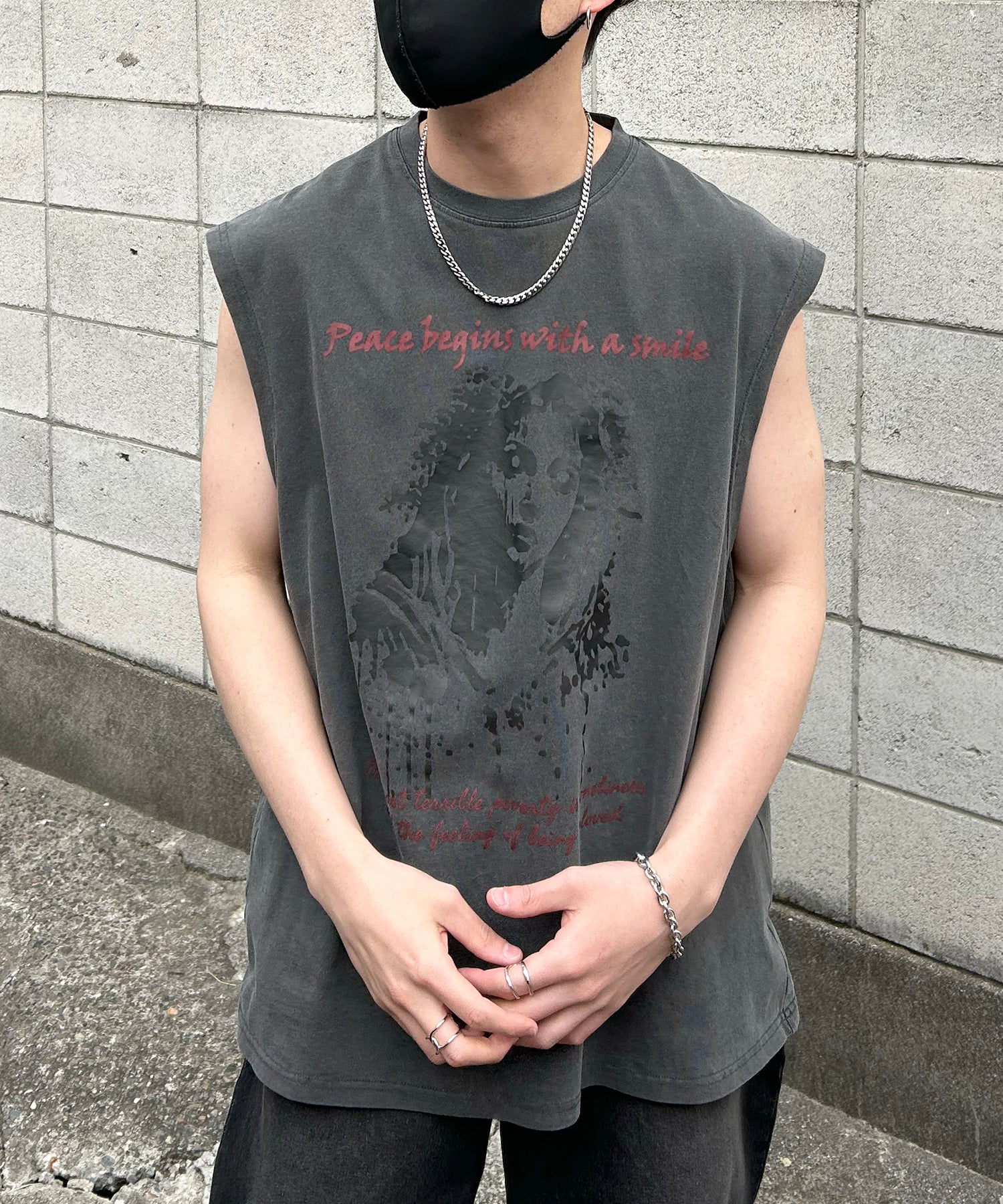 ヴィンテージライク ピグメント加工 アメカジ風 レトロプリント ノースリーブ