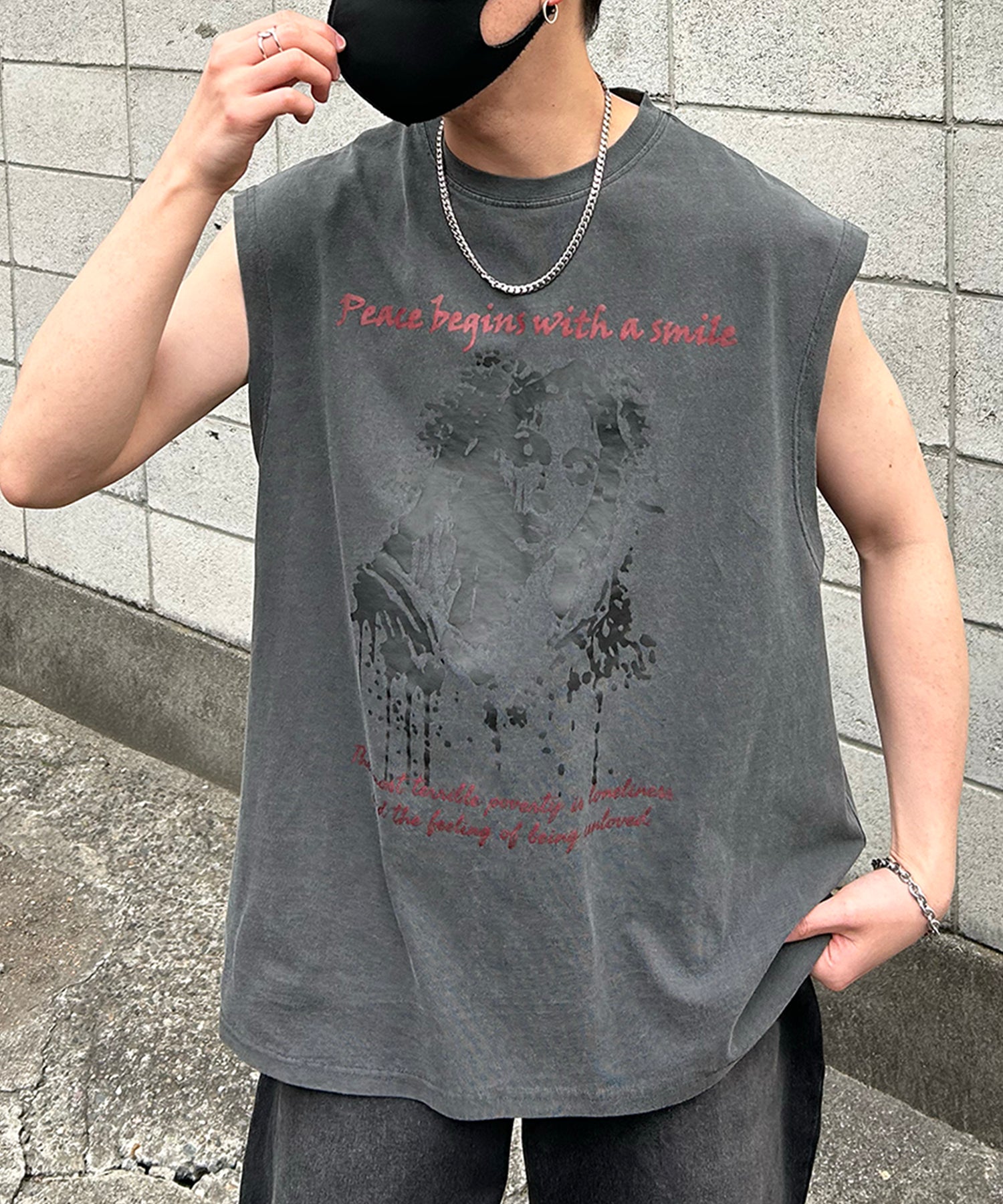 ヴィンテージライク ピグメント加工 アメカジ風 レトロプリント ノースリーブ