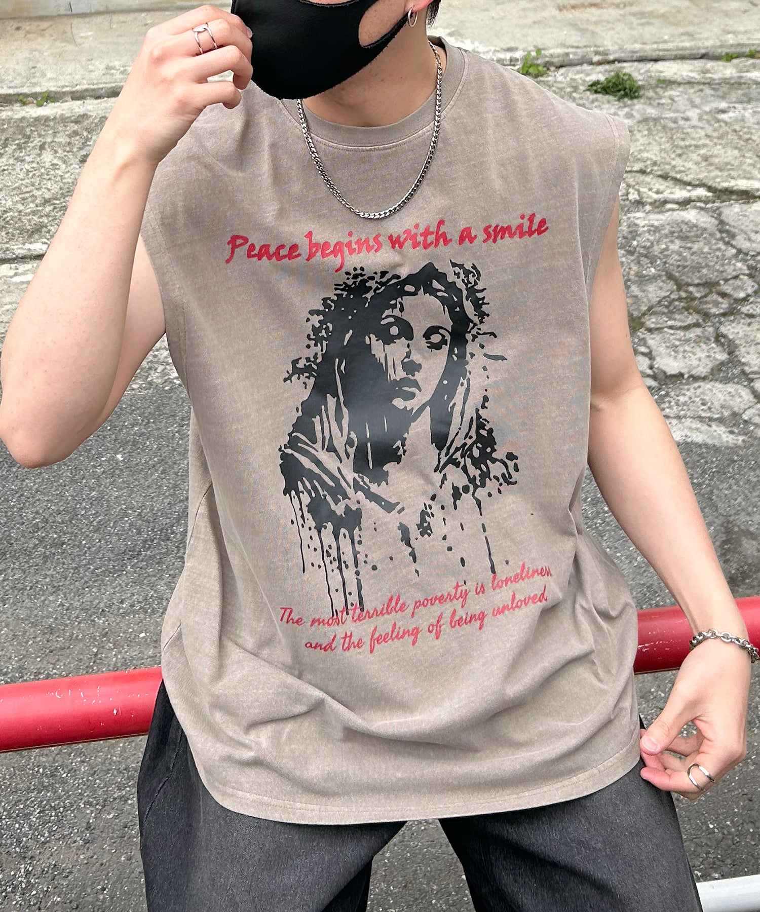 ヴィンテージライク ピグメント加工 アメカジ風 レトロプリント ノースリーブ