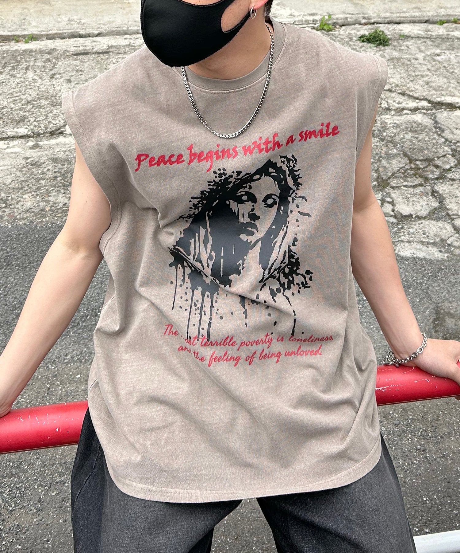 ヴィンテージライク ピグメント加工 アメカジ風 レトロプリント ノースリーブ