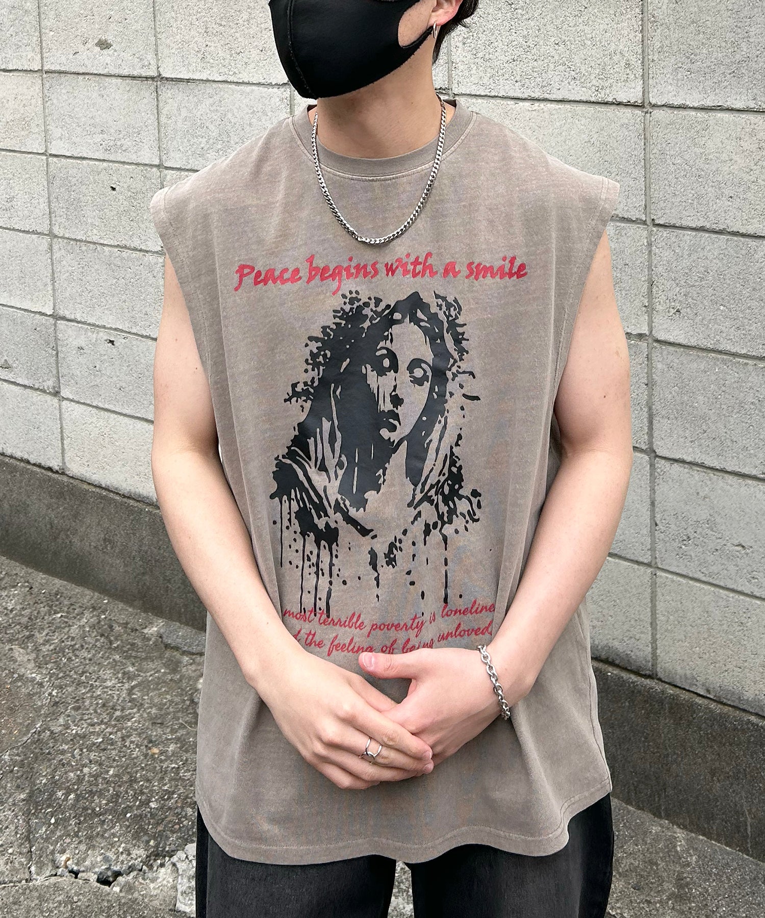 ヴィンテージライク ピグメント加工 アメカジ風 レトロプリント ノースリーブ