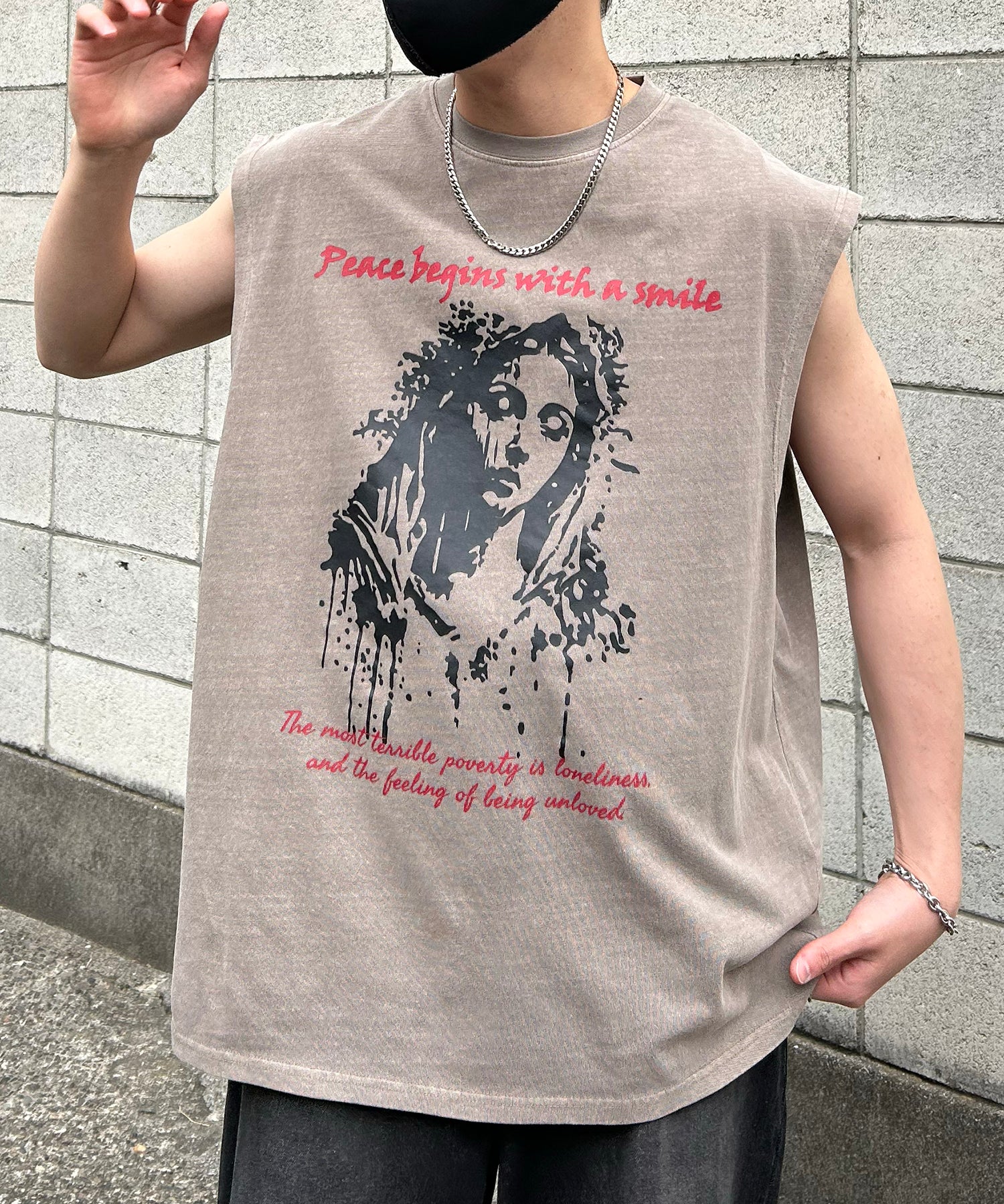 ヴィンテージライク ピグメント加工 アメカジ風 レトロプリント ノースリーブ