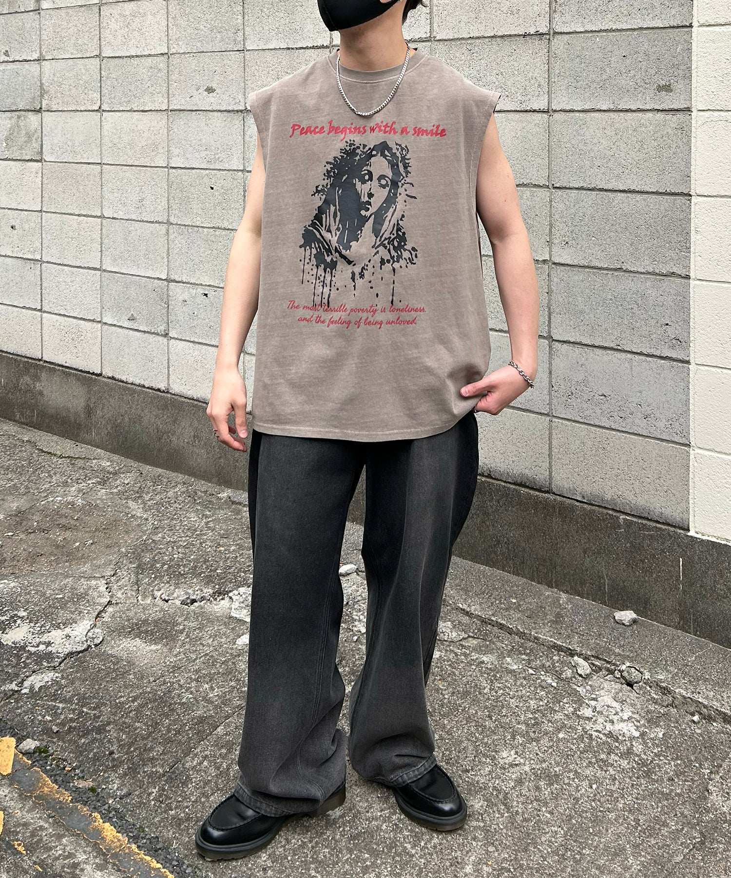 ヴィンテージライク ピグメント加工 アメカジ風 レトロプリント ノースリーブ