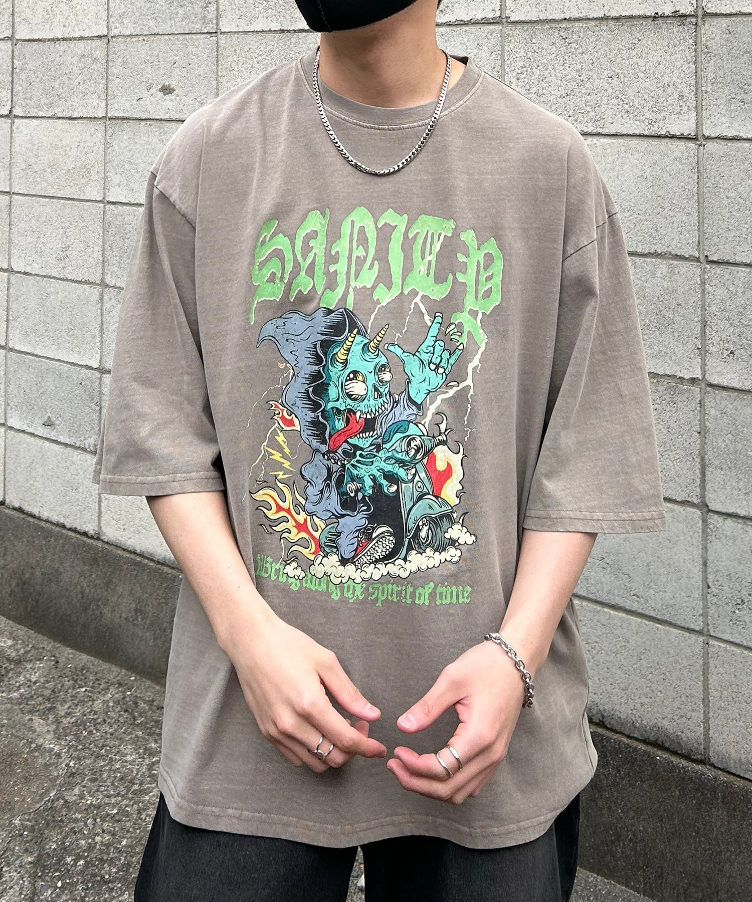 ヴィンテージライク ピグメント加工 アメカジ風 レトロプリント ロックTシャツ カットソー