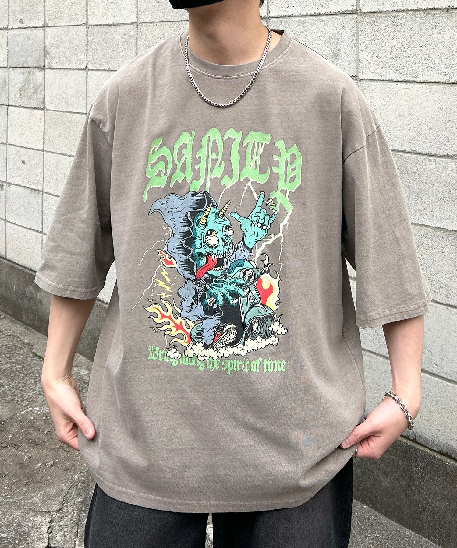 ヴィンテージライク ピグメント加工 アメカジ風 レトロプリント ロックTシャツ カットソー