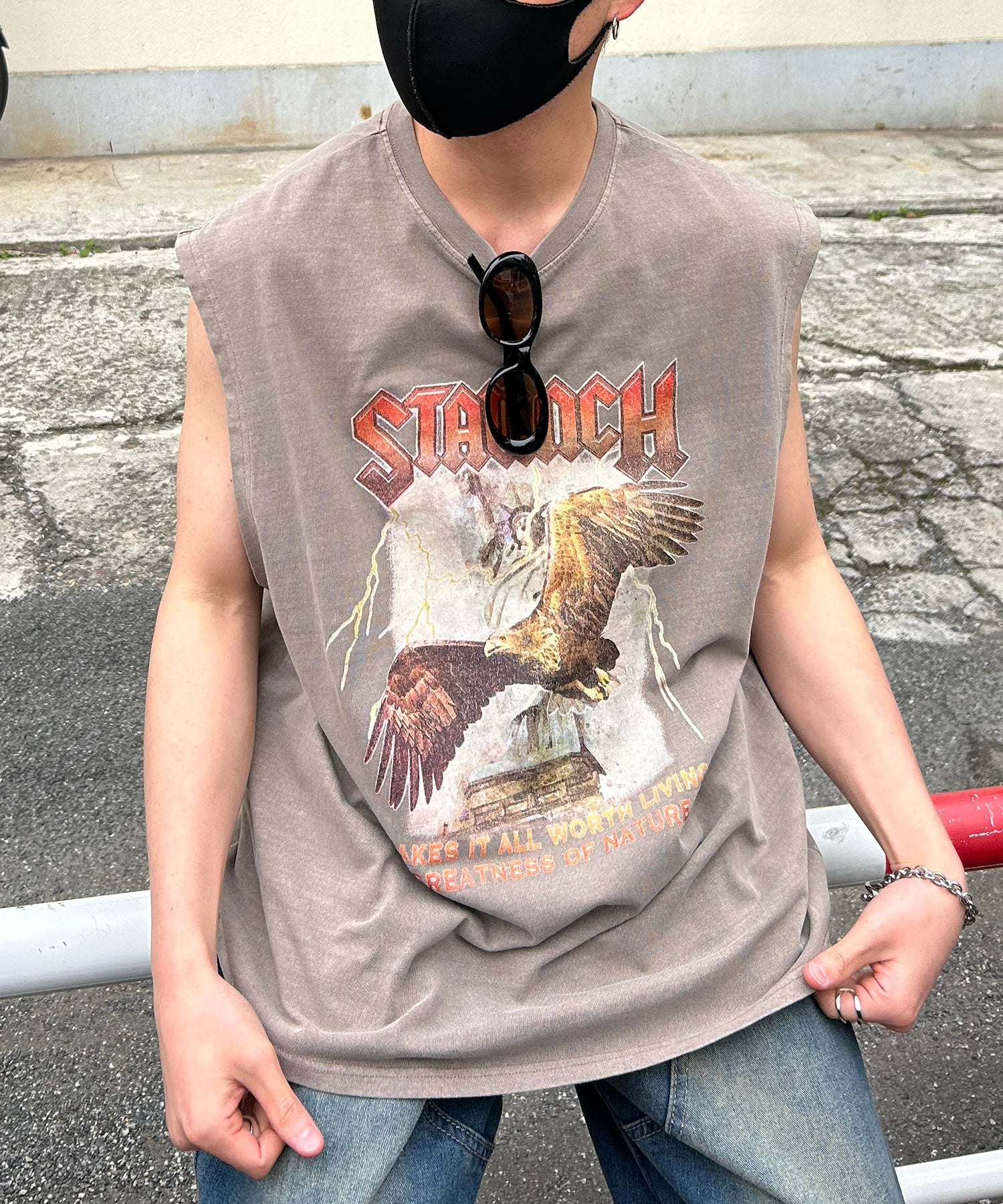 25SS ヴィンテージライク ピグメント加工 アメカジ風 レトロプリント ノースリーブ