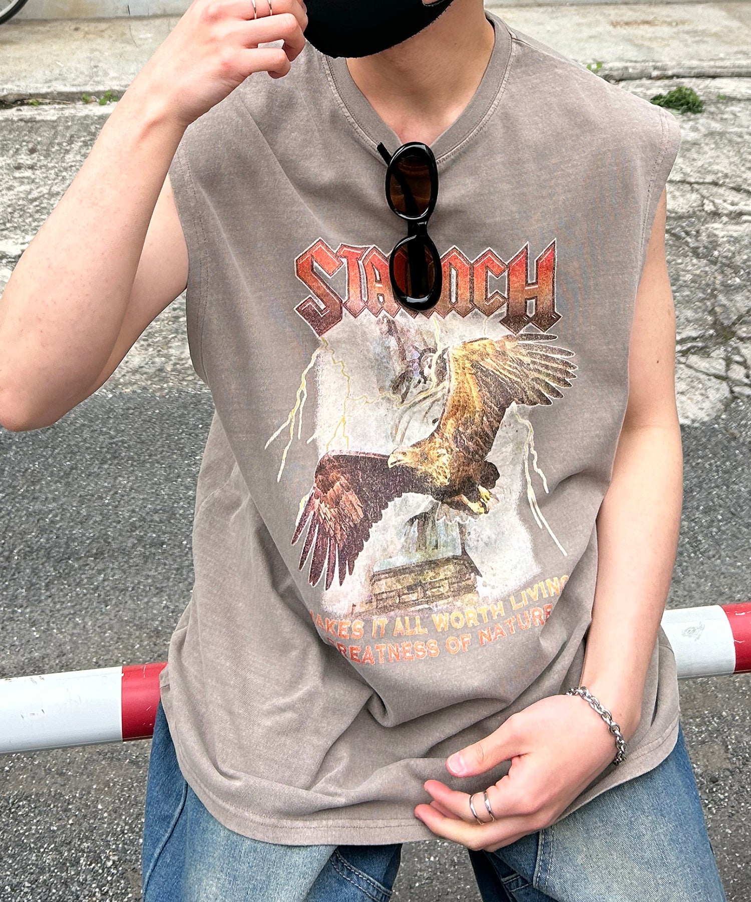 25SS ヴィンテージライク ピグメント加工 アメカジ風 レトロプリント ノースリーブ